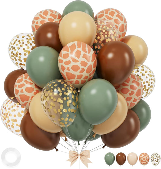 Green and Brown Balloons, 12 Inchs Sage Green Deer Print Gold Confetti Balloons for Kids Woodland Baby Shower Decorations Safari Jungle Dinosaur Theme Birthday Party Wedding Grauation Supplies