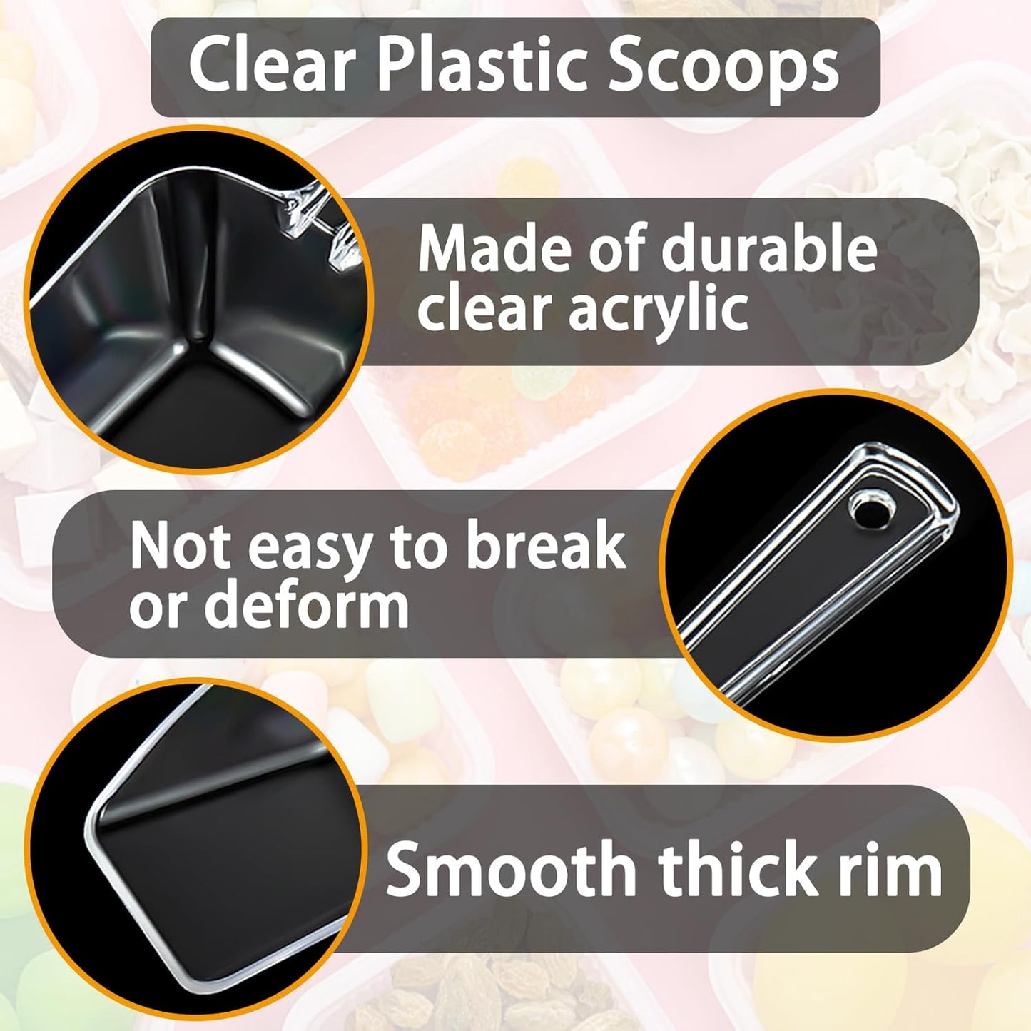 3 Pcs Clear Plastic Ice Scoop Set, Small Acrylic Serving Scoops For Candy Buffet, Canisters, Dry Goods Multi-Purpose Kitchen Food Scoop For Coffee, Tea, Flour, Wedding Desserts (7.8 Inch Long)