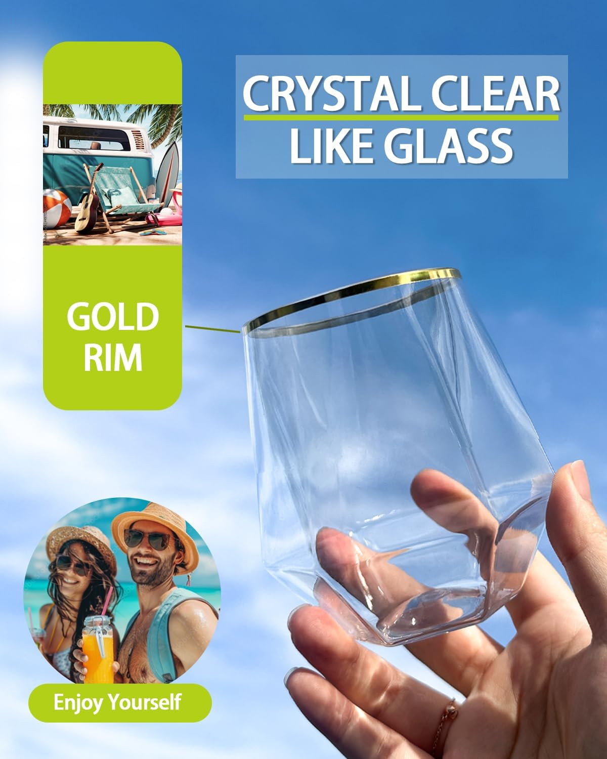 40 Pcak Plastic Stemless Wine cocktail Whiskey Champagne Glasses, 12 Oz Gold Rim Disposable Clear Unbreakable Cups for Party Bars Wedding Tasting (Diamond-shaped)