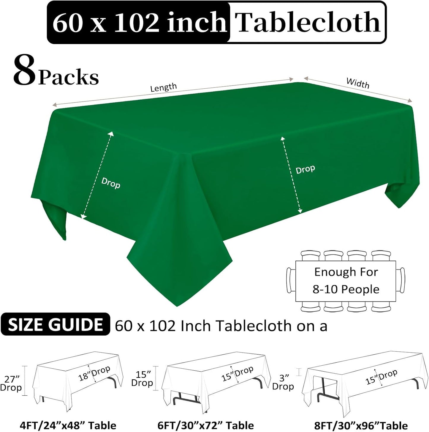 8 Pack Green Table Cloth 60 x 102 Inch Rectangular Tablecloths for 6 Foot Rectangle Tables, Wrinkle Resistant Green Tablecloth Washable Polyester Fabric Table Covers for Buffet Wedding Party Banquet