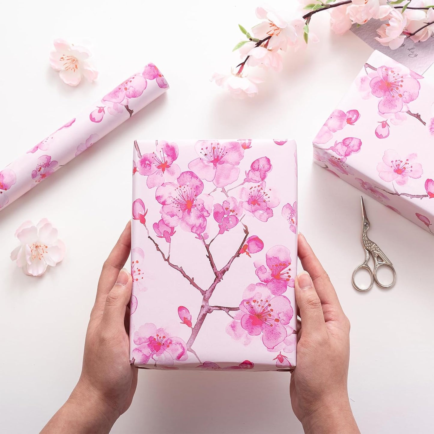RUSPEPA Floral Wrapping Paper Roll for Women Girls, Mini Roll, Pink Sakura Cherry Blossom Flower Gift Wrap Paper Perfect for Birthday, Spring, Wedding, Bridal Shower, Mother's Day, 17 Inch x 16.4 Feet