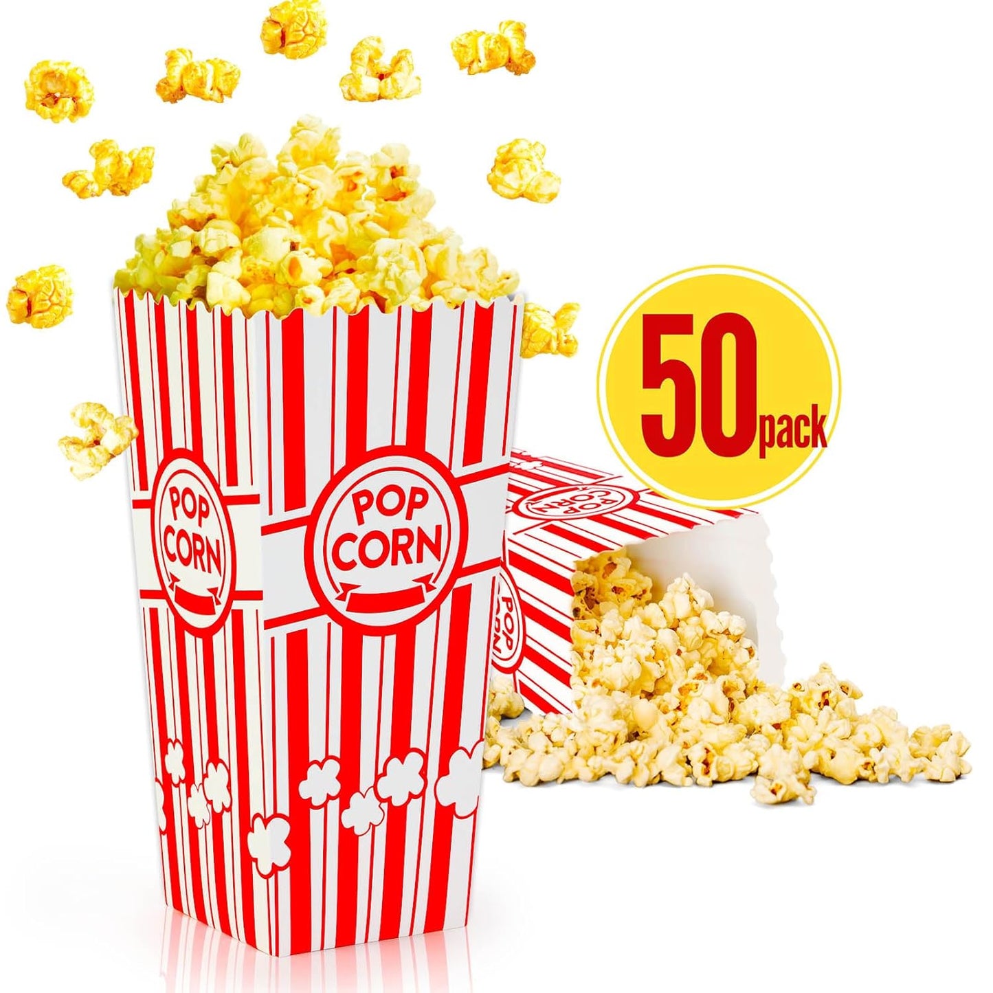 ZEEGO0 50-Pack Popcorn Boxes Bulk, Sturdy and Durable Popcorn Bucket, Large Capacity Containers, Bowl & Cups, Convenient Movie Night Supplies, Perfect for Families, Parties, Carnivals