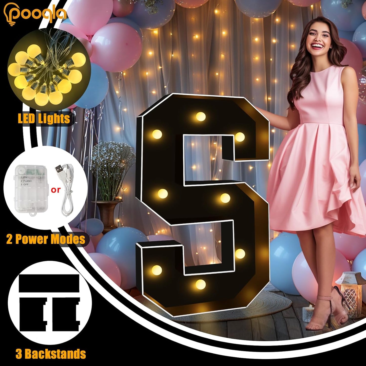 Pooqla 3FT Marquee Light Up Letters, Black LED Party Decor Large Marquee Letters 3 Feet Tall, Giant Mosaic Letter for Birthday Graduation Anniversary Wedding Decoration, Letter H