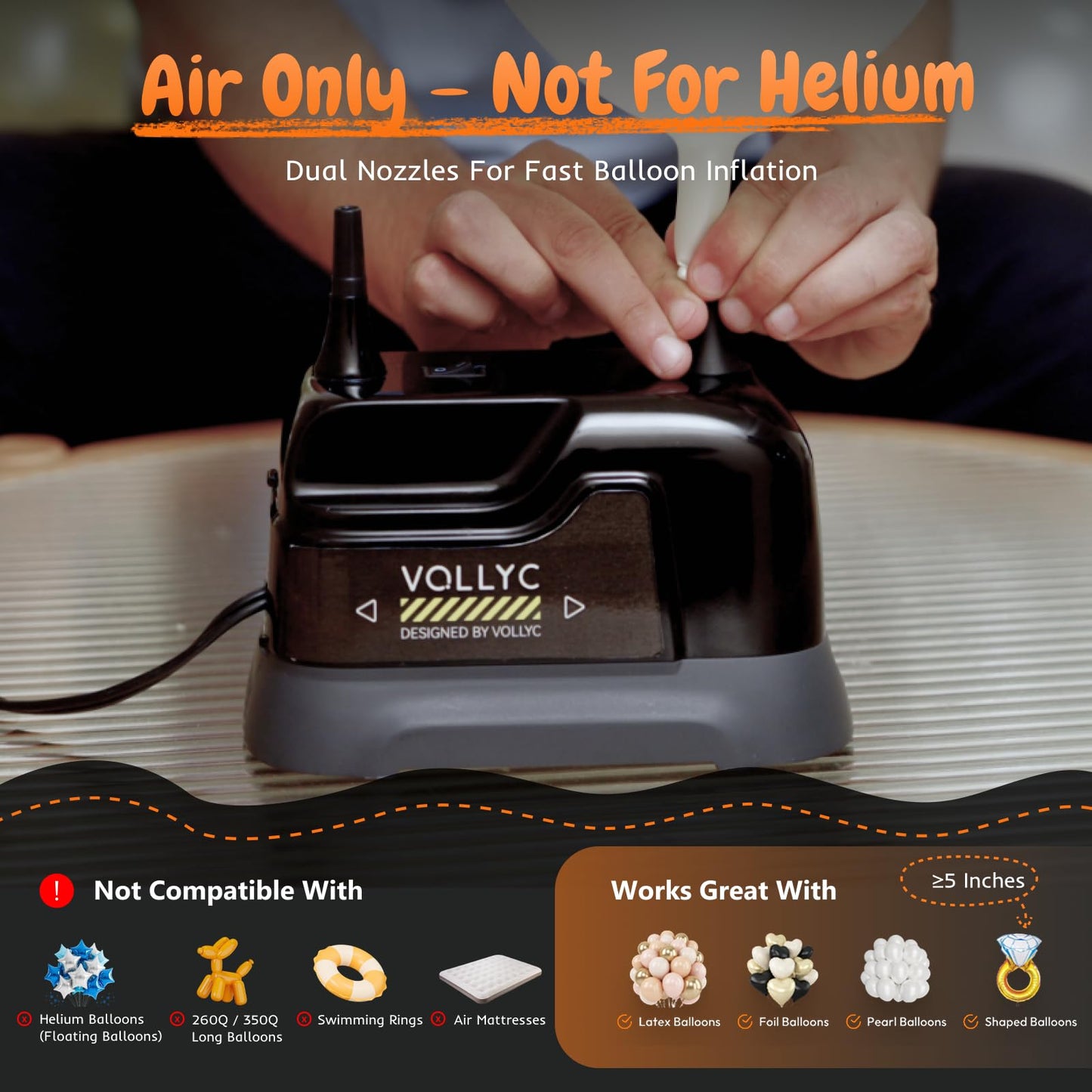 VOLLYC Balloon Pump Electric, Dual Nozzle Balloon Inflator Air Pump, Fast & Easy Inflation for
