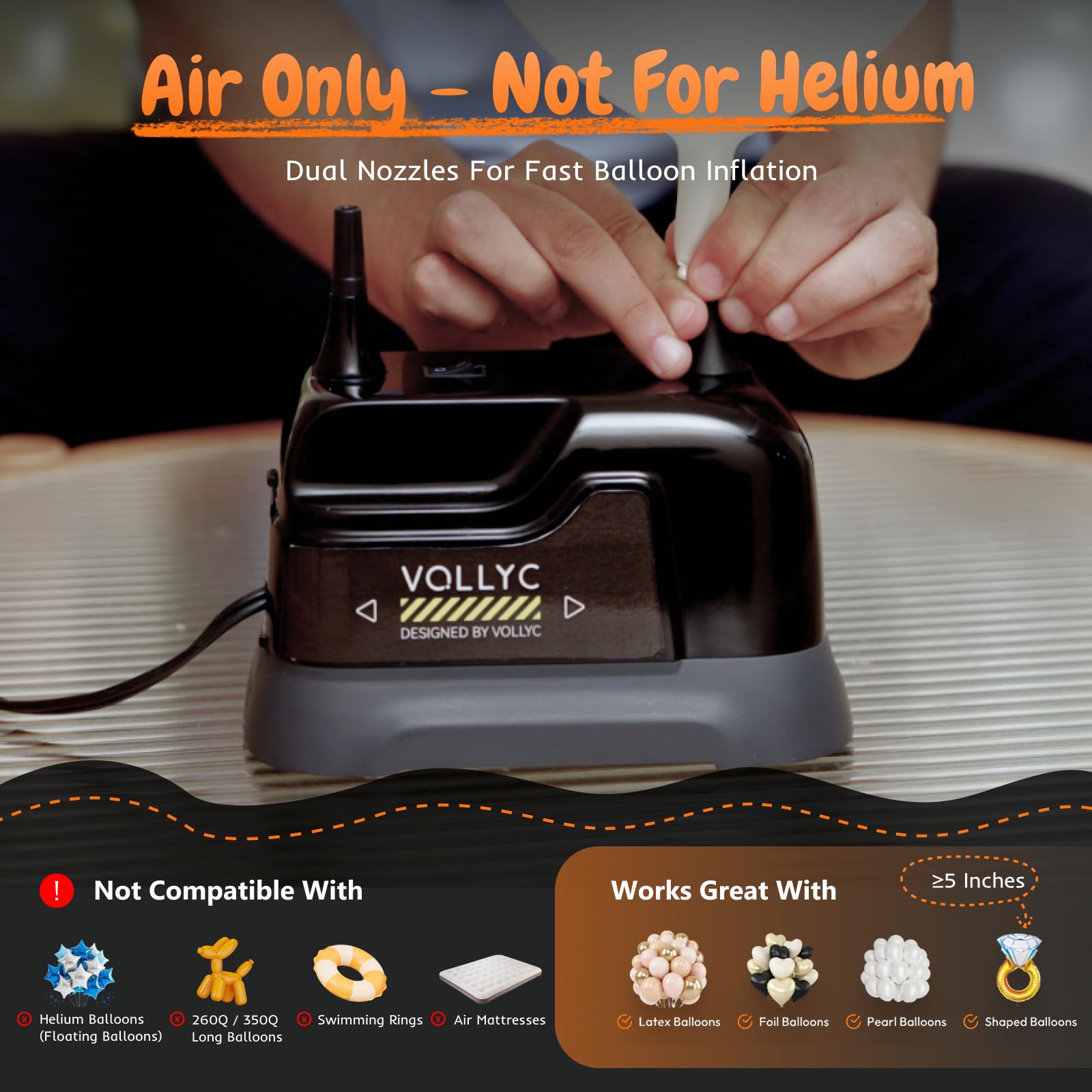 VOLLYC Balloon Pump Electric, Dual Nozzle Balloon Inflator Air Pump, Fast & Easy Inflation for