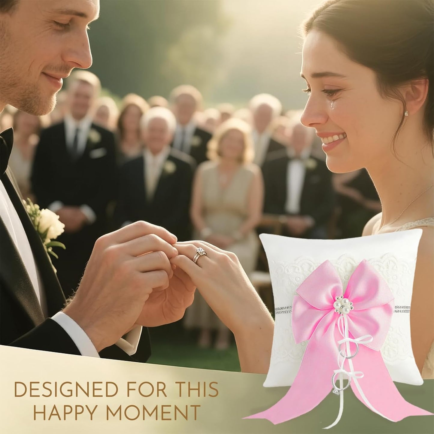 Wedding Ring Bearer Pillow: 8.2 x 8.2 Inch Satin Lace Cushion with Pink Pearl Bow for Ceremony Vows - Secure Ring Holder for Flower Boy or Girl