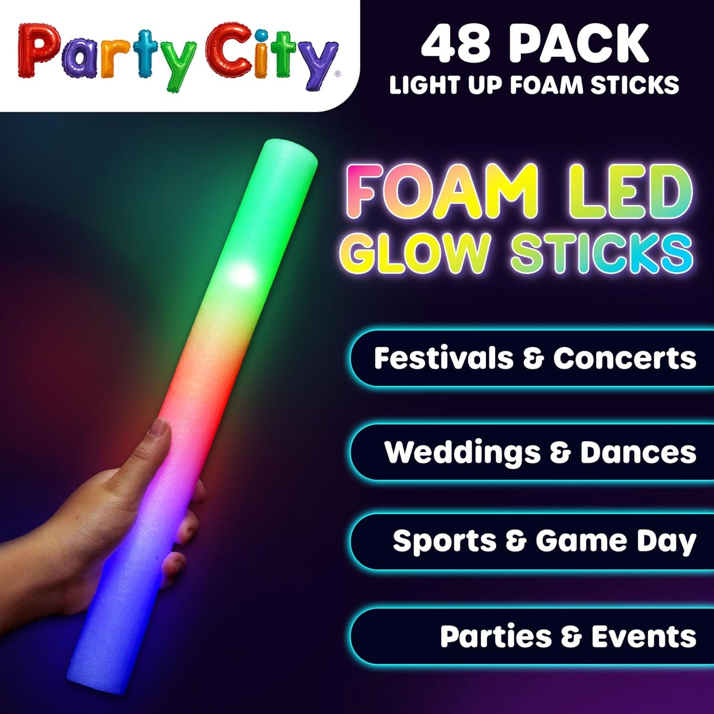 Party City 48pk LED Foam Glow Sticks 14”- Glow in the Dark Party Supplies Favors, Colorful Flashing Wand with 3 Modes, Foam Light Up Sticks Bulk Party Pack for Wedding, Birthday, Concert, Halloween