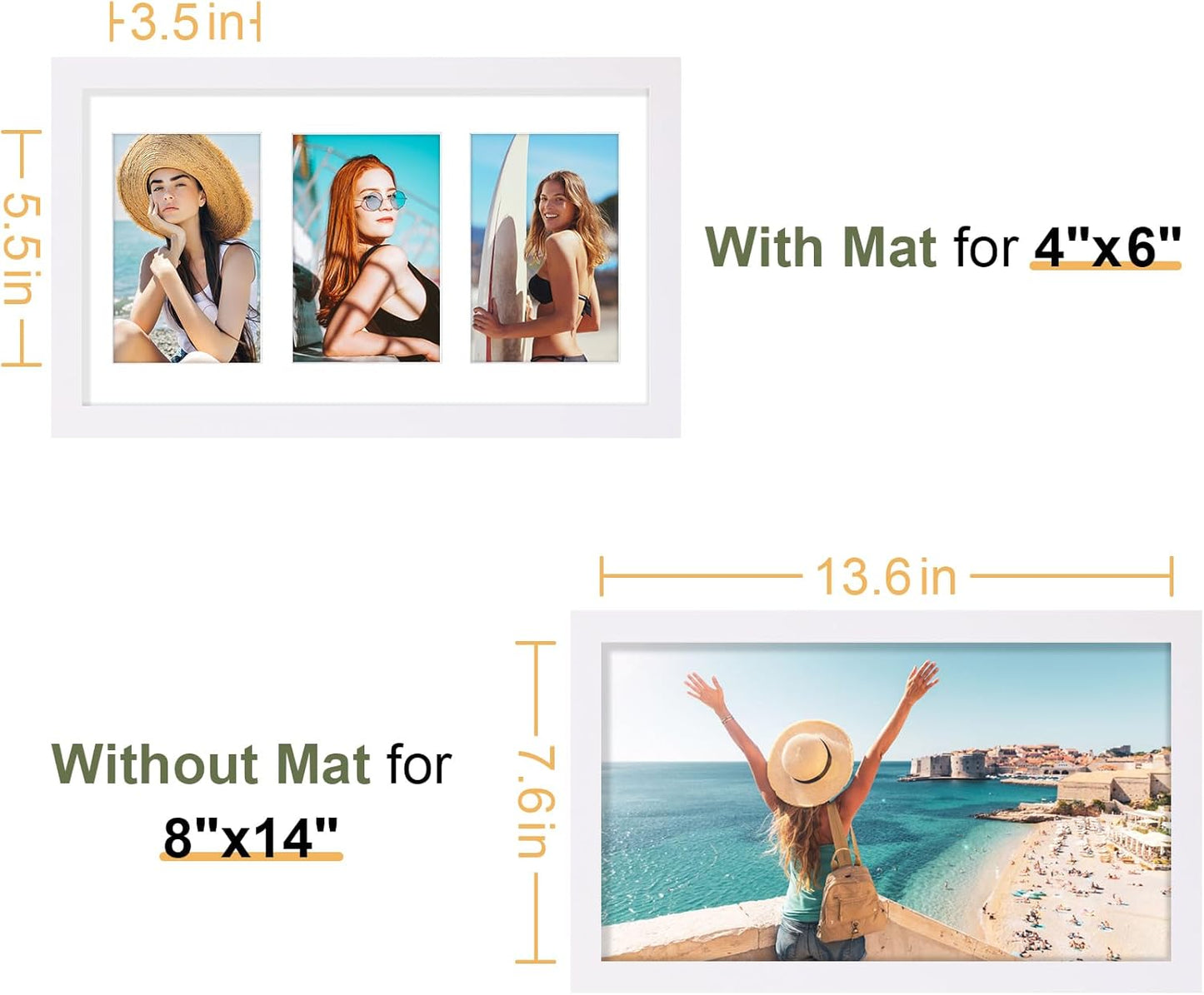 Vittanly 8x14 Picture Frames Collage, Displays 3Pcs 4x6 Pictures with Mat, Collage Picture Frame for Horizontal or Vertical Display, White, 1 Pack