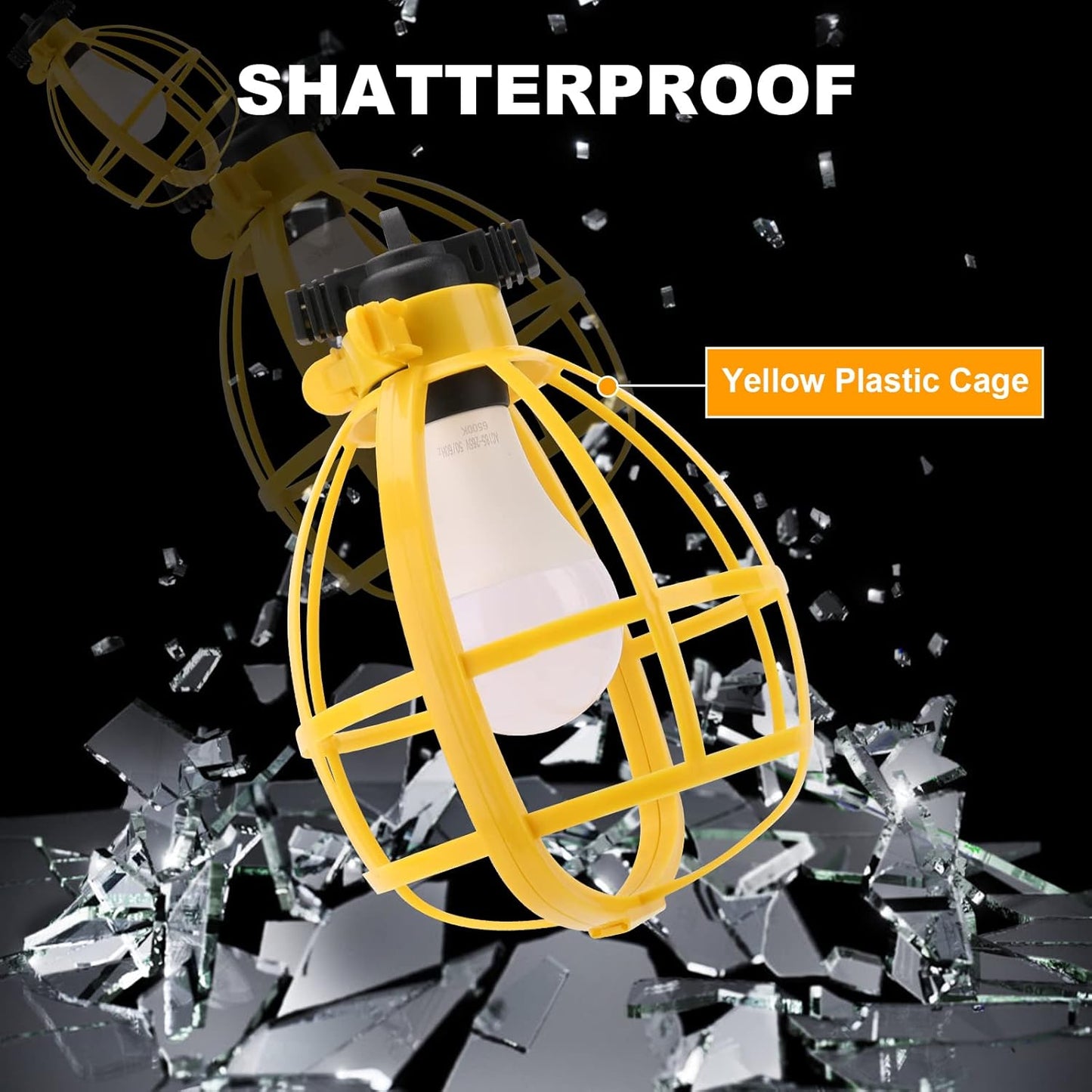 50FT Construction String Lights, 50W 5 Bulbs Work Lights with E26 Base, IP65 Waterproof, 4000LM 6500K Indoor & Outdoor Temporary Lighting for Workshop, Mine cave, Job Site