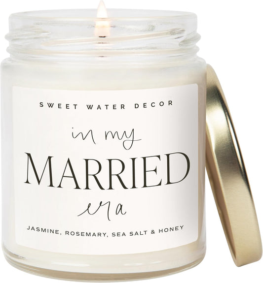 Sweet Water Decor Married Scented Candles - Soy Candle in Jasmine Rosemary Sea Salt & Honey Scent - 100% Cotton Wick In My Married Era Wedding Candle with 40 Hours Burn Time - Just Married Candle 9oz