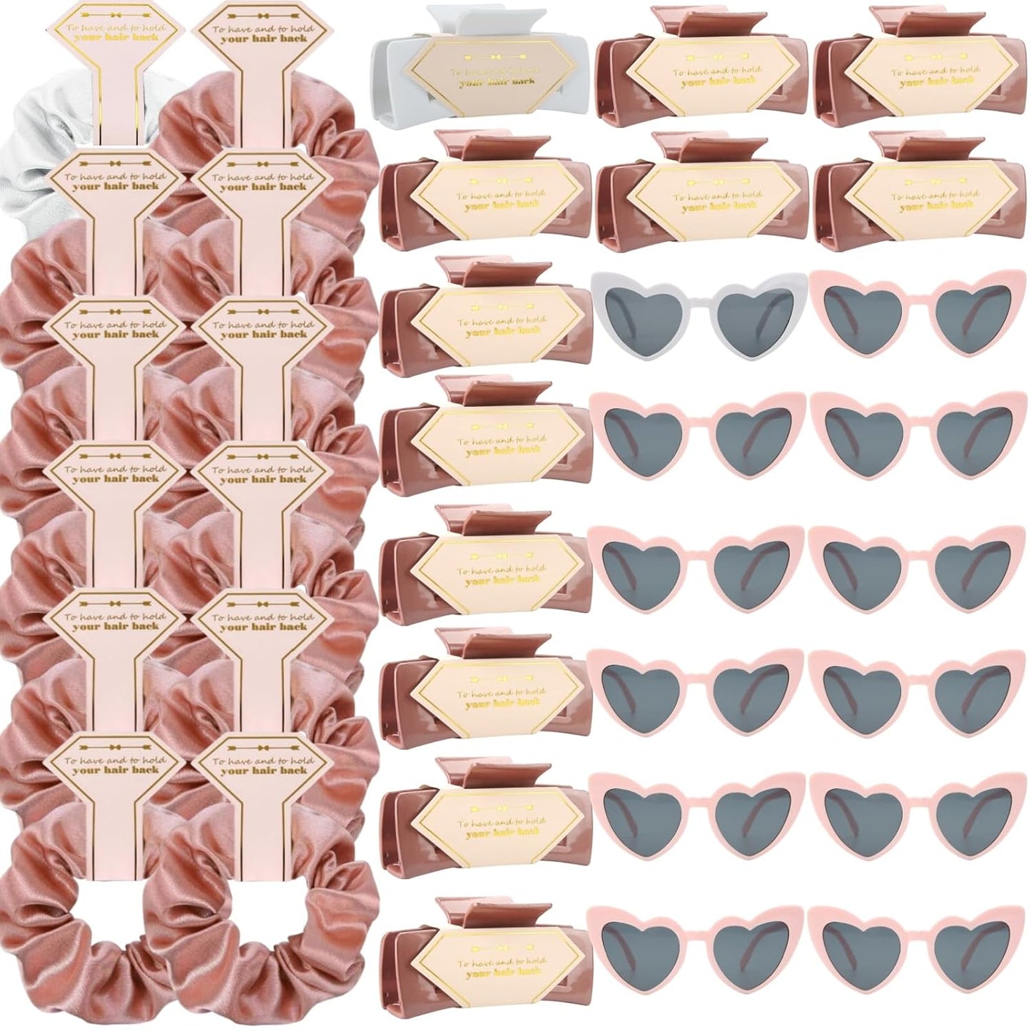36pcs Bridesmaid Scrunchies Proposal Gifts Bachelorette Hair Claws Clips Girls heart sunglasses for Wedding Party Favors (White&Rose Gold)