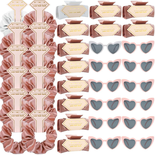 36pcs Bridesmaid Scrunchies Proposal Gifts Bachelorette Hair Claws Clips Girls heart sunglasses for Wedding Party Favors (White&Rose Gold)