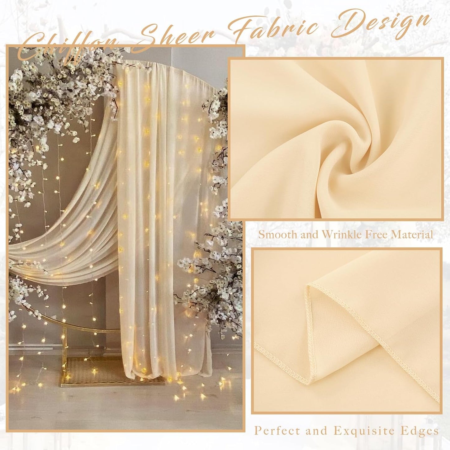 4 Panels Wedding Arch Draping Fabric 20Ft Length x 28" Width Champagne Arch Drapes Chiffon Fabric Sheer Curtains Backdrop for Party Bridal Decorations Wedding Ceremony Ceiling Stage Reception Decor