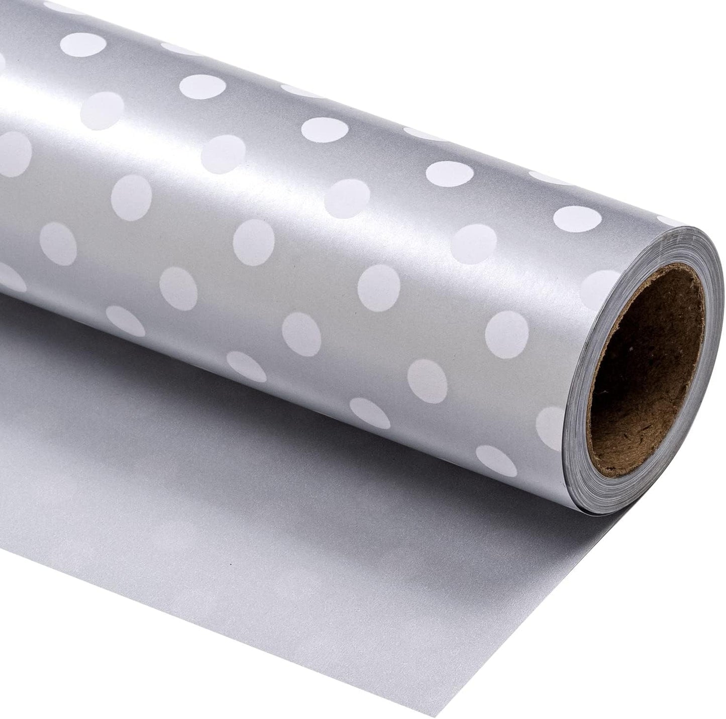 WRAPAHOLIC Reversible Wrapping Paper - Mini Roll - 17 Inch X 33 Feet - Silver Print and Polka Dot Design for Birthday, Holiday, Wedding, Baby Shower