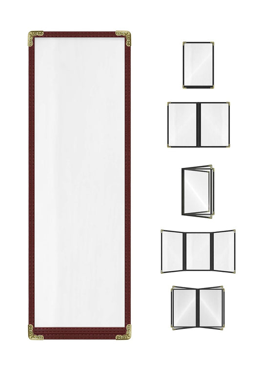 Goodsmart Restaurant Menu Covers - 25 Pack Burgundy 1-Page/2-View 4.25" x 14", Top-Loading Vinyl Menu Holders with Clear Sleeves, Double-Stitched Edge, Leather-Style Café Covers with Gold Corners