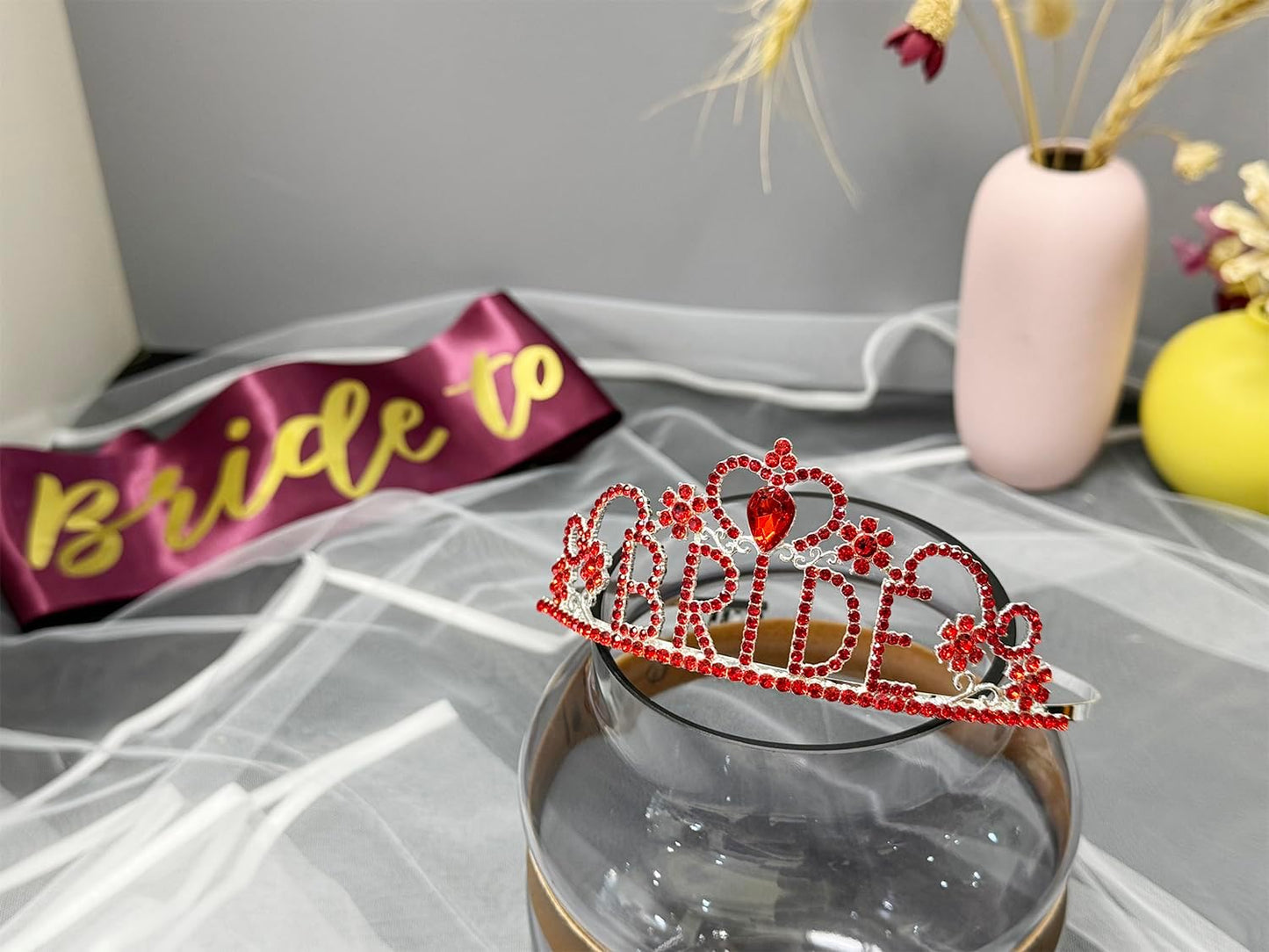 JETKONG 3 Pcs Bachelorette Party Decorations BRIDE Crown, Bride to Be Sash&Veil for Women Bachelorette Party Gifts, Bridal Shower Supplies, Gifts, Favors (Red)