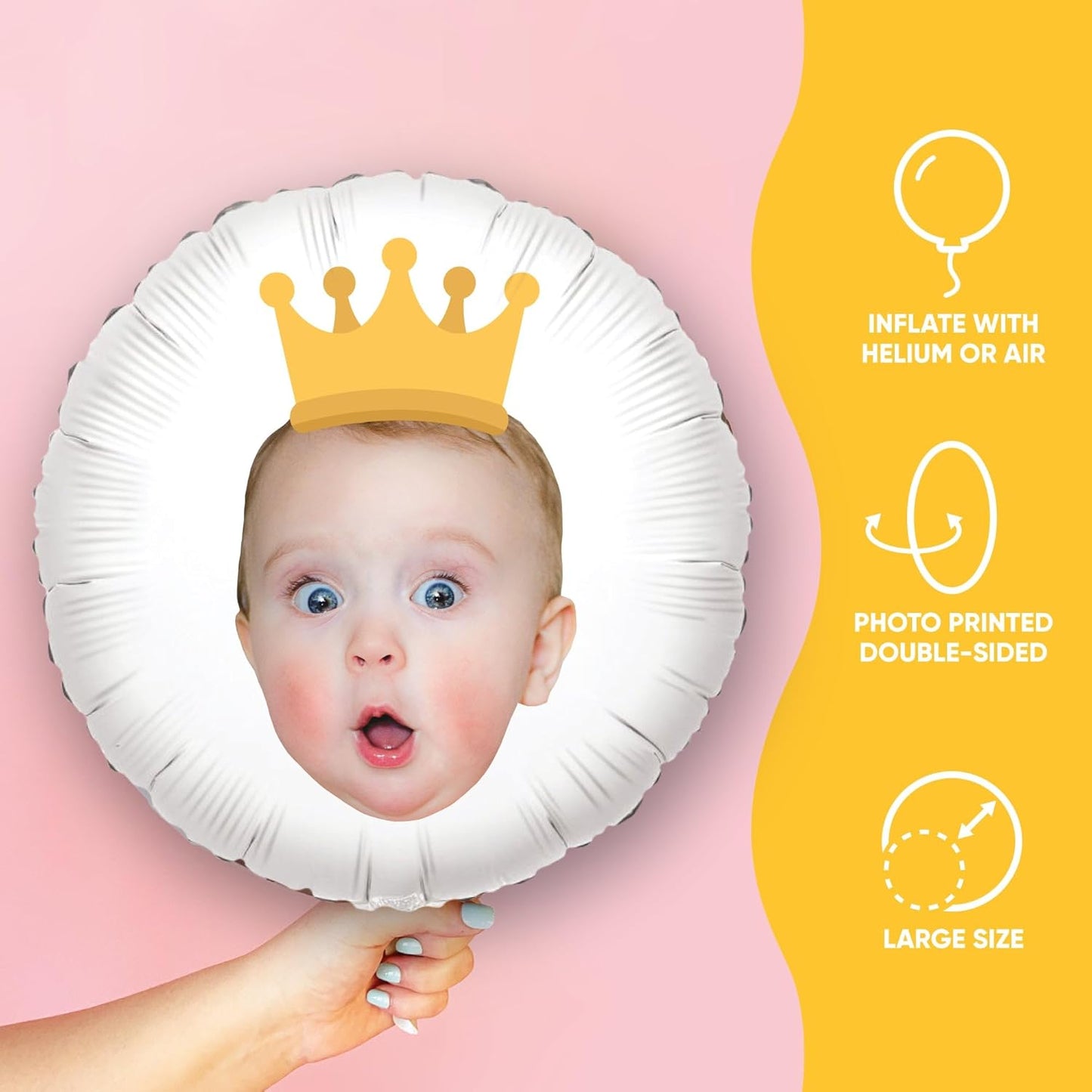 Big Dot of Happiness Personalized Crown Fun Face Photo Balloon, Kids Royal or Princess Birthday Party Decorations, Custom Double-Sided Circle Mylar, 1 Piece