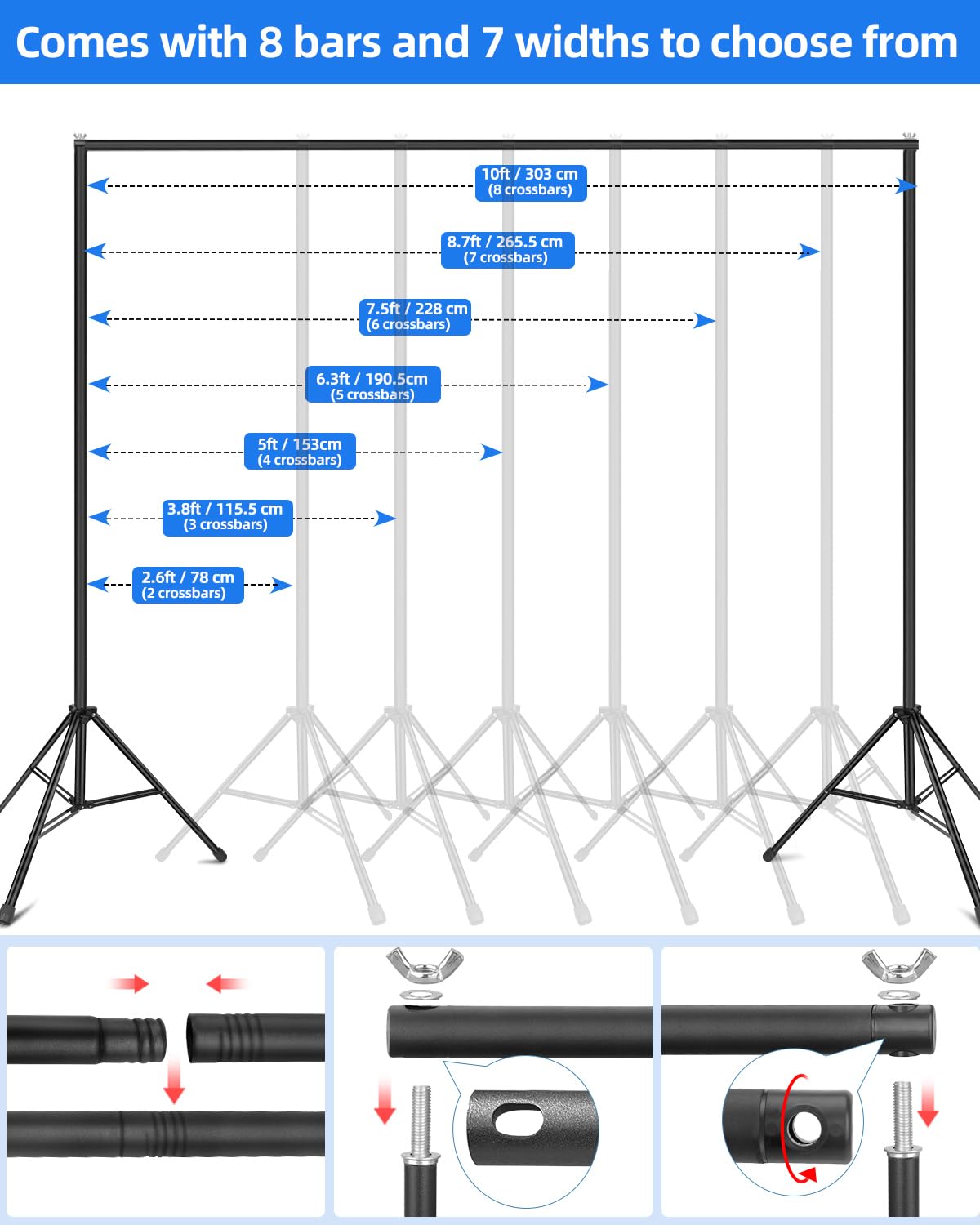 Hemmotop Backdrop Stand 10x8ft, Versatile Sizes Adjustable Banner Holder