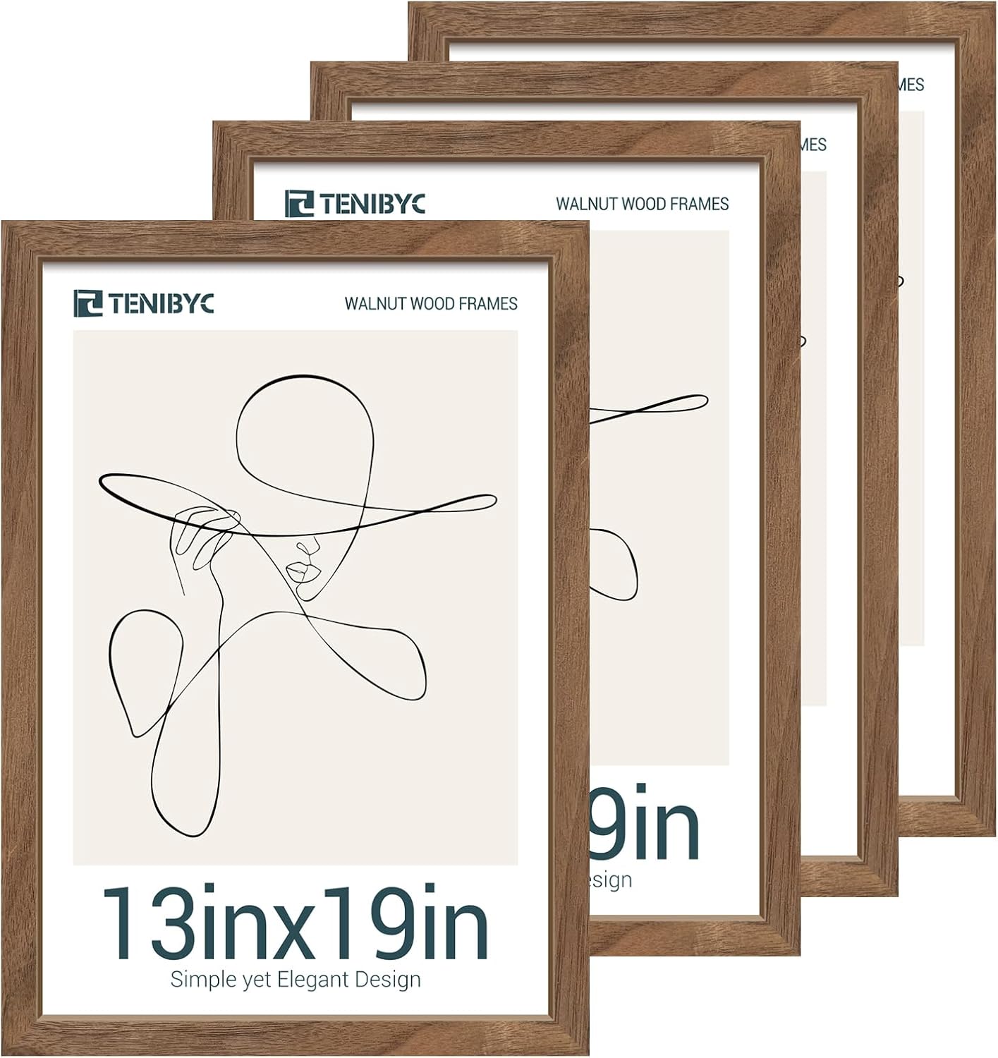 13x19 Picture Frame Set of 4, Textured Walnut Wood & HD Tempered Glass, Brown 19x13 Poster Frame for Wall