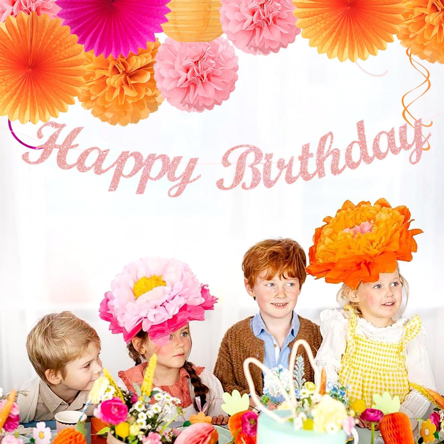 Hot-Pink Orange 21st Happy-Birthday Party-Decorations - 31pcs Sweet 16 18th Women Girls Paper Lanterns Streamers Banner,Tissue Pom Poms Fans Tassels Graland Decor,Fall Boho Backdrop Supplies Hugmoon