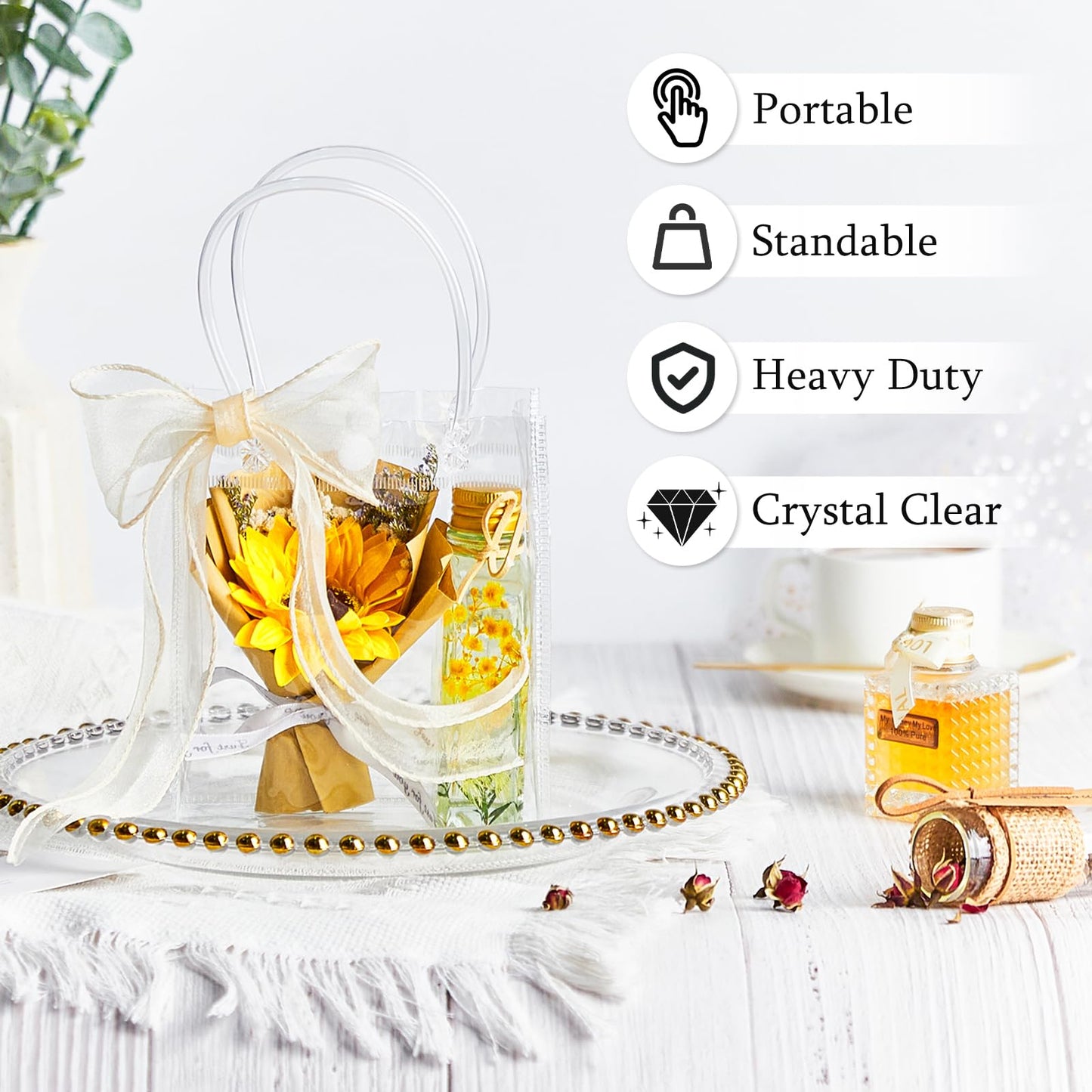Ohuimrt 50 Pack 4.92" x 2.75" x 5.9" Clear Plastic Gift Bags with Handles