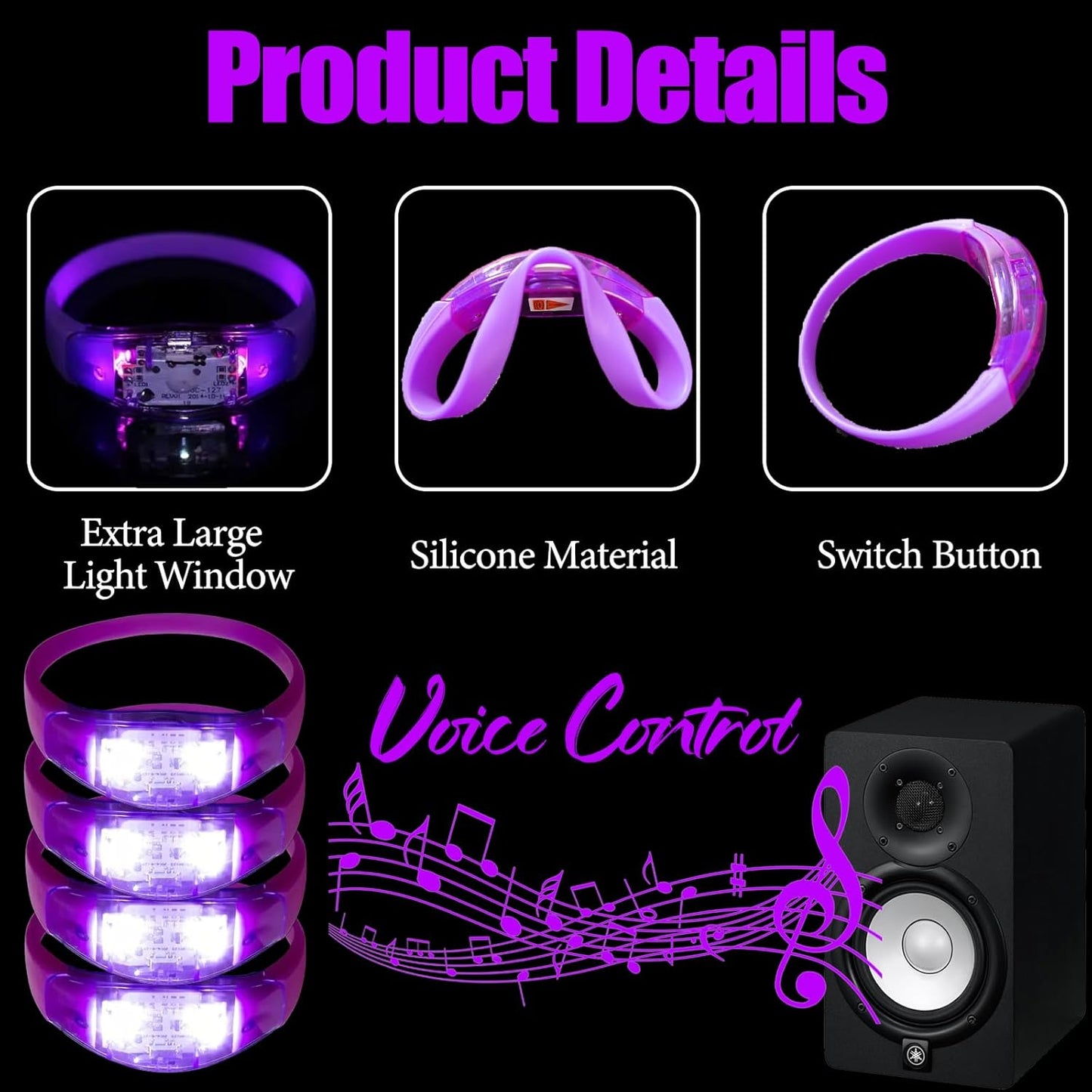 100 Pcs LED Bracelets Sound Activated with Flashing LED Strobe Music Control Light Up Bracelets for Rave, Game Prizes, Birthday Party Favor,Valentine's Day gift