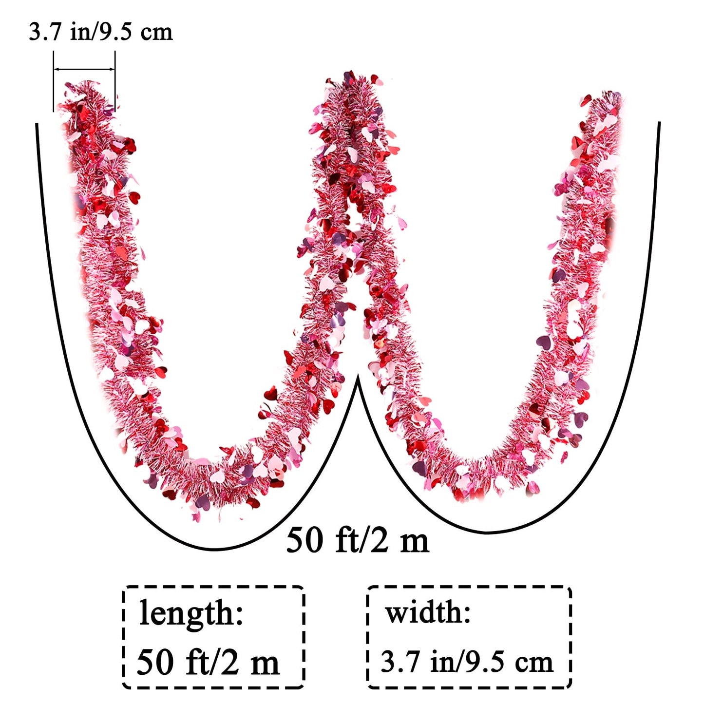 Valentines Garland Decor,50Ft Glitter Tinsel Heart Garland Decorations for Tree Mantle Bedroom
