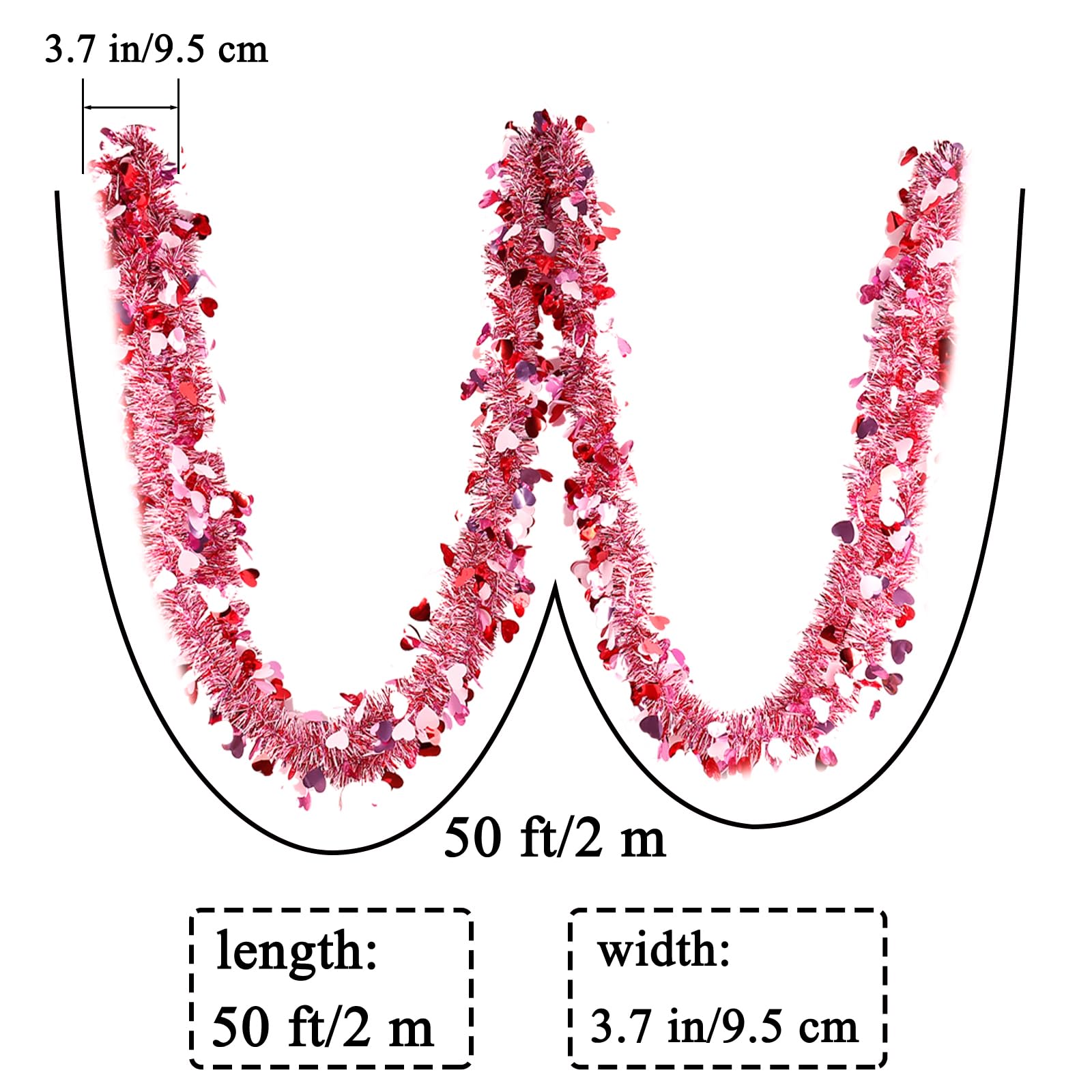 Valentines Garland Decor,50Ft Glitter Tinsel Heart Garland Decorations for Tree Mantle Bedroom