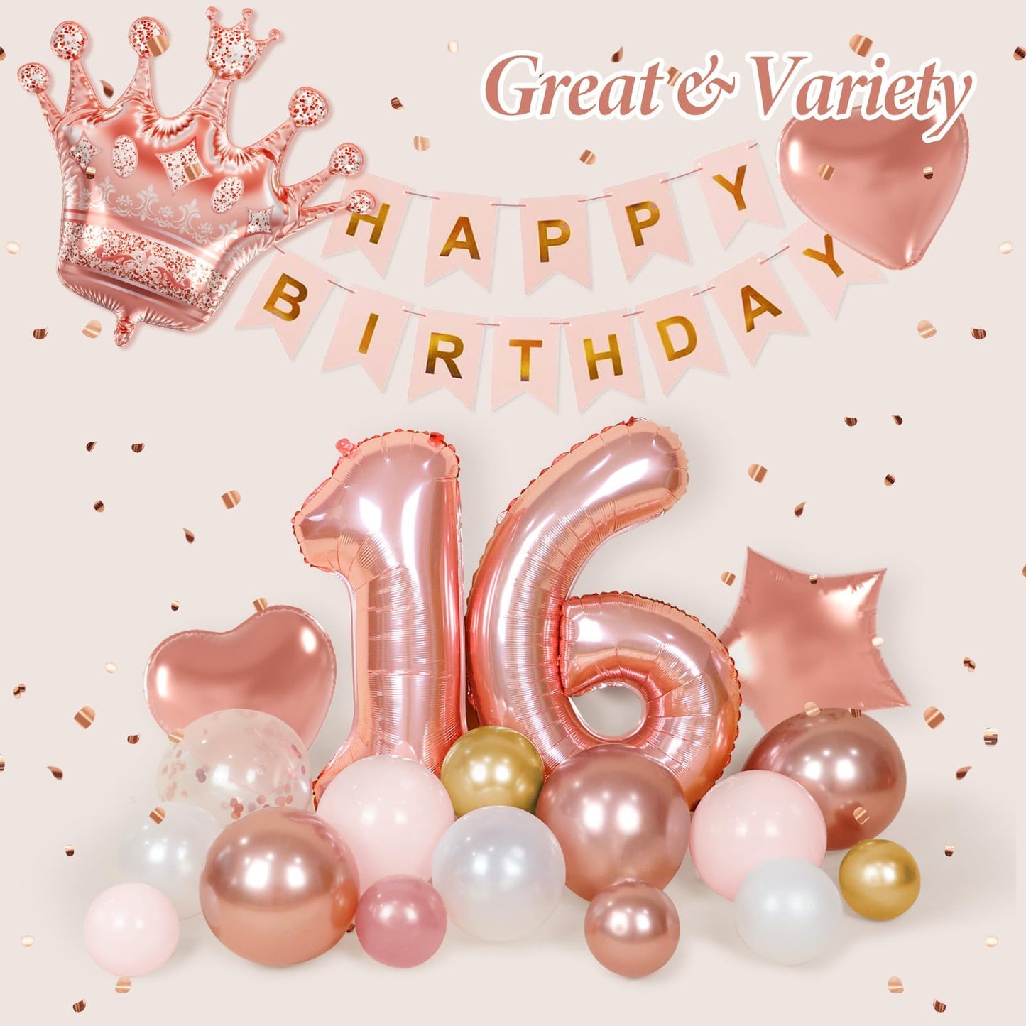 123pcs Sweet 16 Party Decorations with Rose Gold Pearl and White Balloons