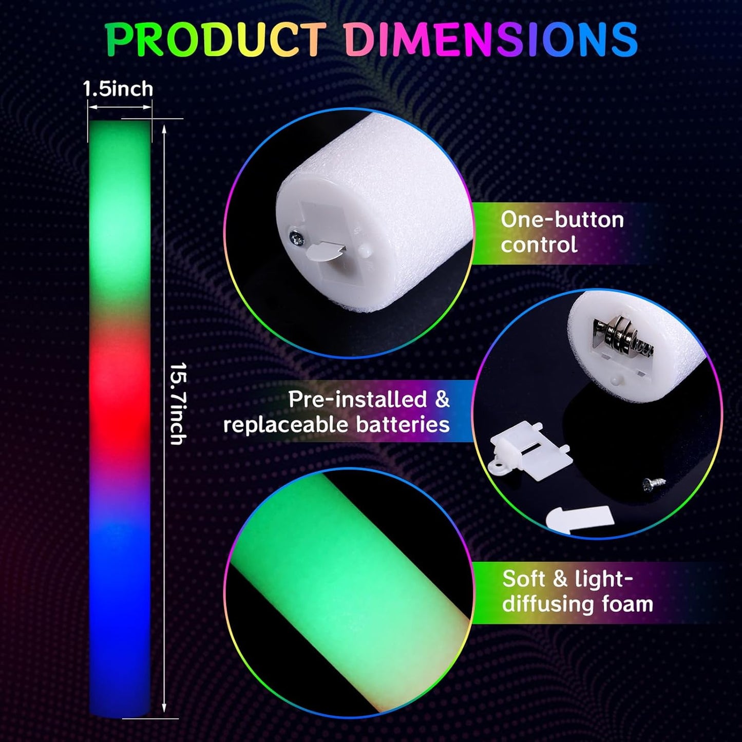 AOWDIAO 24 Pcs 16″ Foam LED Glow Sticks, 3 Light Up Modes, Party Favors for Wedding, Festival & More