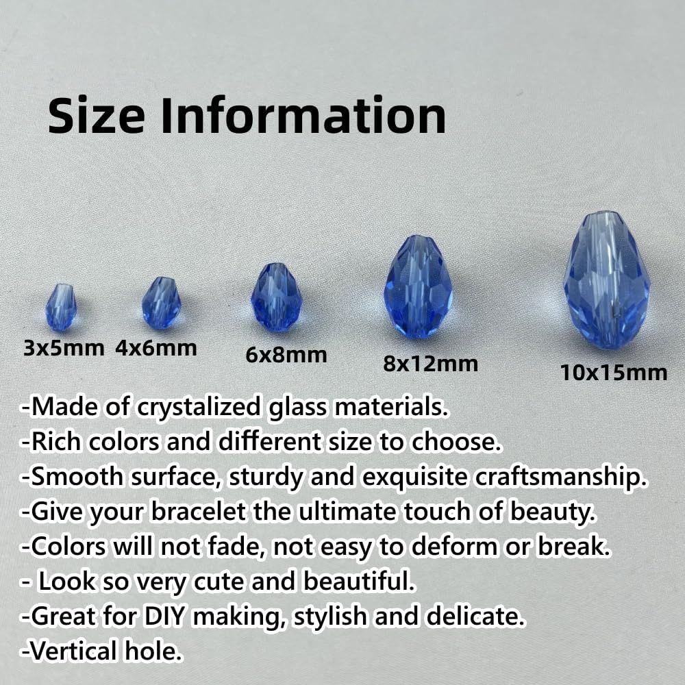 50pcs 10x15mm Teardrop Crystal Glass Beads for Jewelry Making, Faceted Vertical Hole Teardrop Glass Spacer Beads for Wind Chimes Bracelet Earring Necklace DIY Craft(Light Blue)