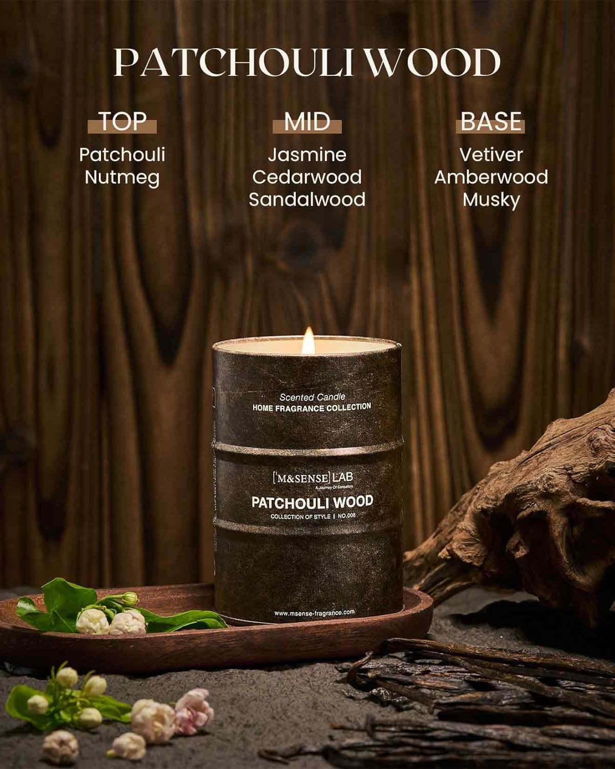 M&SENSE Patchouli Wood Scented Candles Natural Non Toxic, Aromatherapy Candle for Stress Relief Meditation Relaxing, Housewarming Gifts for Women Men, 11.3oz 70 Hour Long Burning