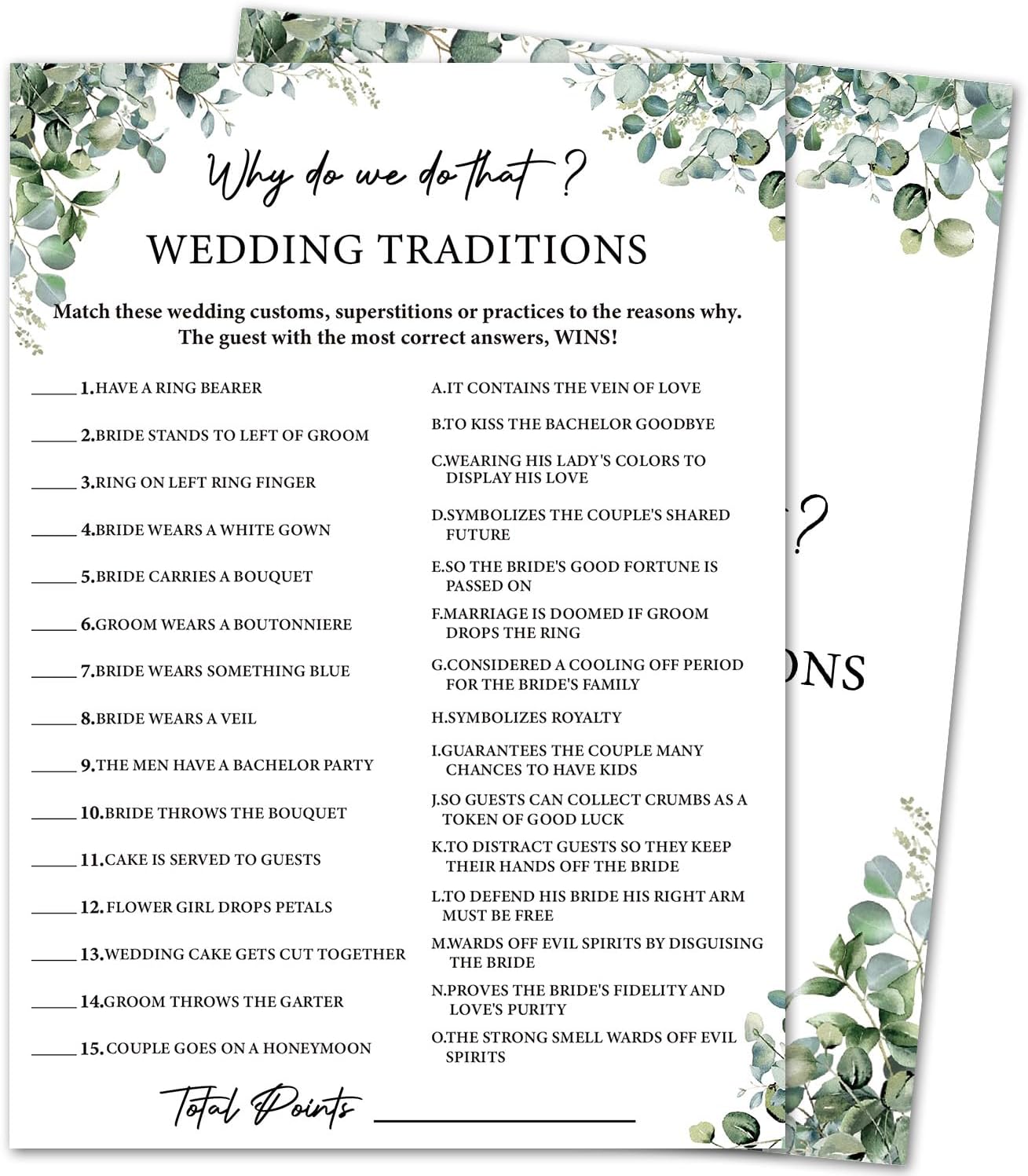 Eucalyptus Bridal Shower Game Cards - Why Do We Do That ? Wedding Traditions, Engagement Bachelorette Party Games for 30 Guests, 30 Double Sided Cards with 1 Answer Card, Activity Supplies & Favor/A09