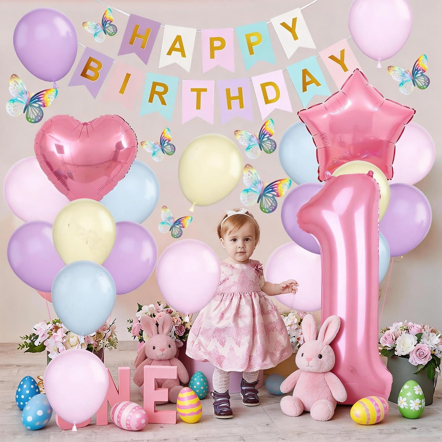 1st Birthday Decoration for Girls, Pastel Macaron 1st Birthday Balloon, Pink Number 1 Balloon with
