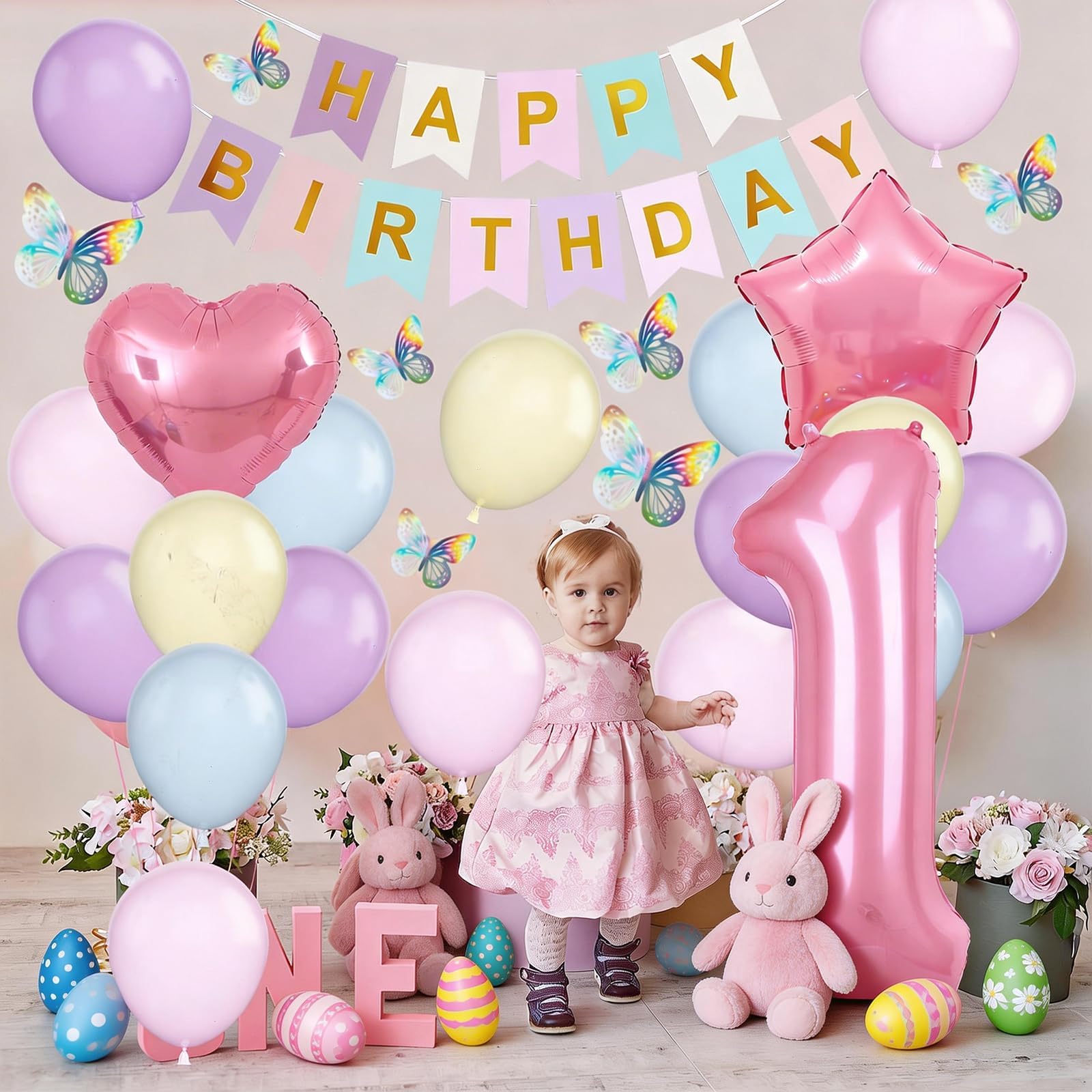 1st Birthday Decoration for Girls, Pastel Macaron 1st Birthday Balloon, Pink Number 1 Balloon with