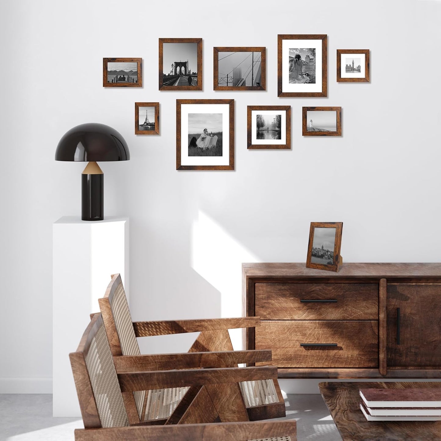 10x10 Picture Frame Set of 4 with Real Glass, Rustic Frames Display 8x8 Picture with Mat or 10 x 10 Without Mat, Wooden Square Photo Frame for Wall Mount and Tabletop Display