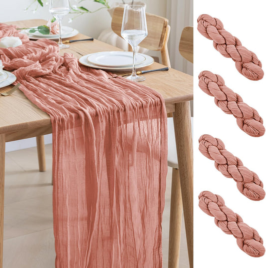 Asee'm 4pcs Cheesecloth Table Runner 120 Inches Dark Rose Boho Gauze Cheese Cloth Runner 10FT Rustic Sheer Table Runners for Summer Wedding Baby Shower Holiday Party Decoration