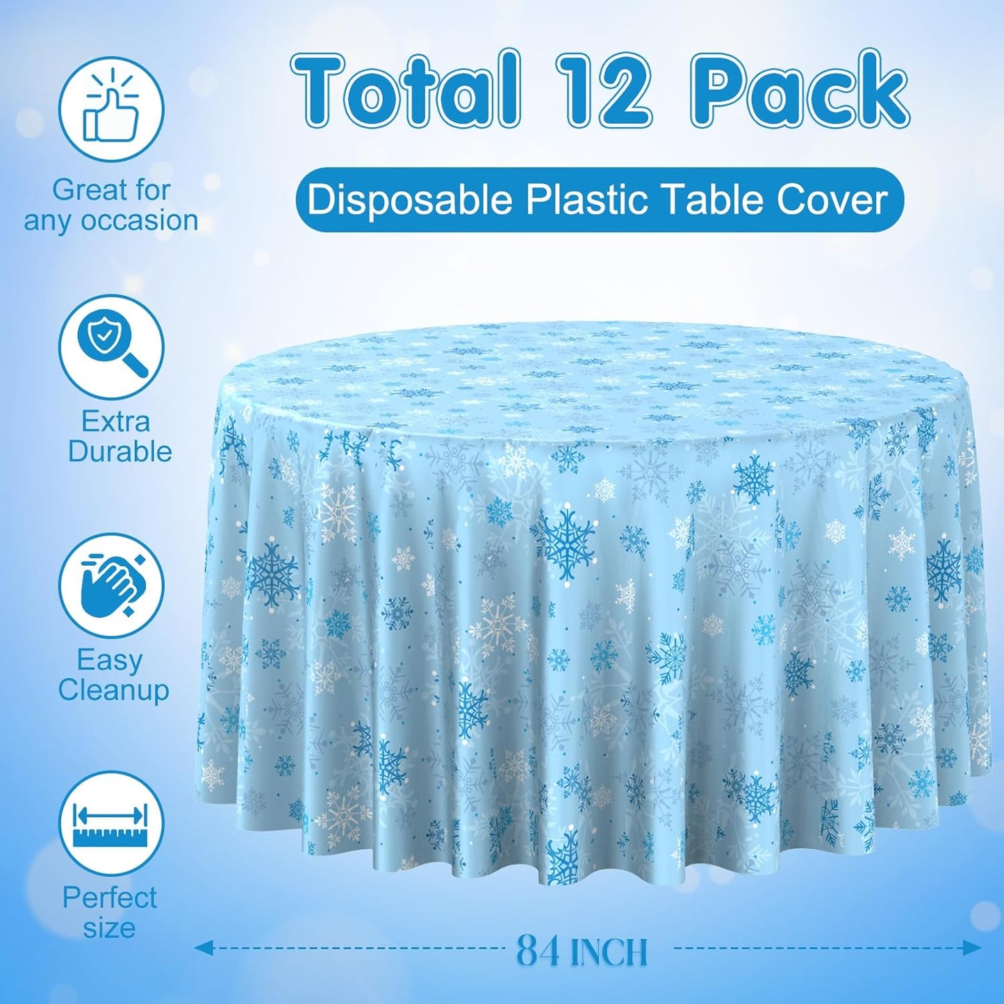 12 Pcs Christmas Snowflake Plastic Party Tablecloth Decorations,Disposable Light Blue Snowflake Round Table Cover Backdrop for Winter Onederland Christmas Holiday Party Supplies,84 inch (Light Blue)