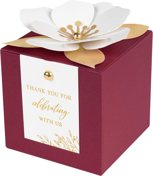 FEIYI 20 PCS Burgundy Gift Boxes, 3 In 1 Favor Boxes with Floral Decor, White Thank You Tags Cupcake Containers Gift wrapping for Wedding, Baby Shower, Birthday, Decorations Party - 3.55x3.55x3.55