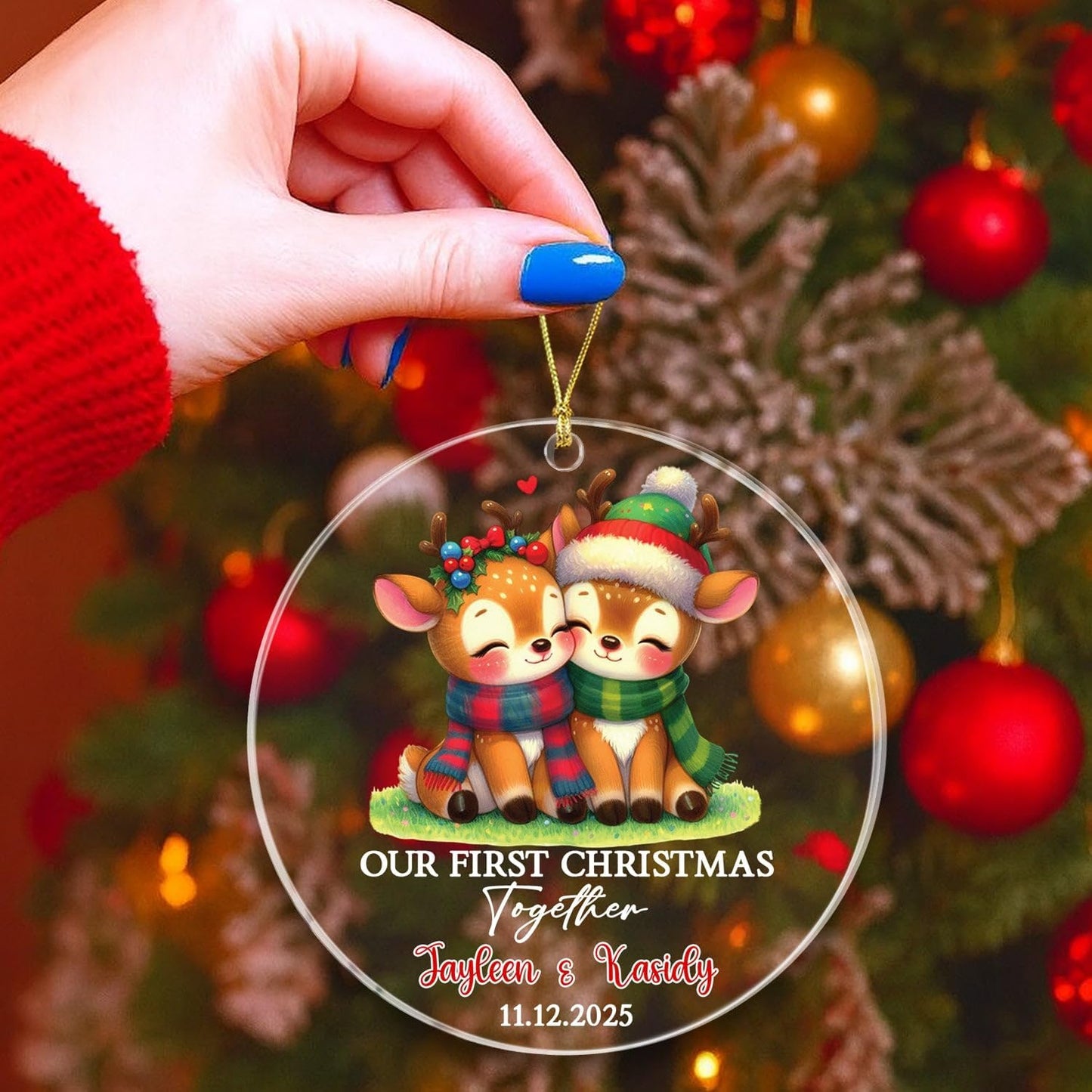 Customized Our First Christmas Together Deer Ornament with Names & Date, Mr & Mrs Deer Together Xmas Ornament Gift for Anniversary, Personalized Married Couple Deers Christmas Ornaments for Newlyweds