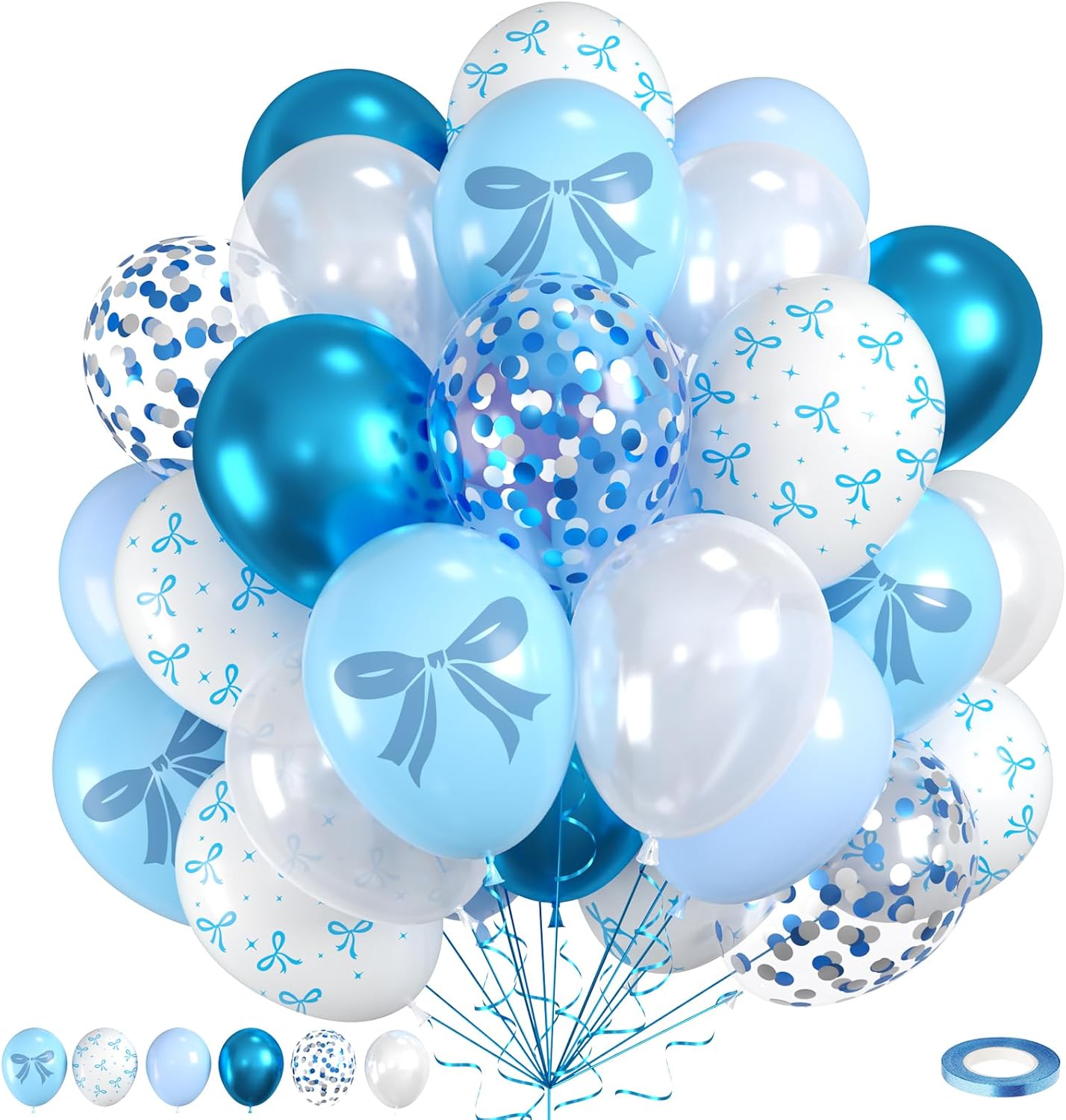 Blue Bow Balloons, 60pcs White And Blue Balloons, Metallic Macaron Preal White Balloon Bow Print Balloon For Girls Women Lady Birthday Baby Shower Party Wedding Bridal Shower Bachelorette Decorations