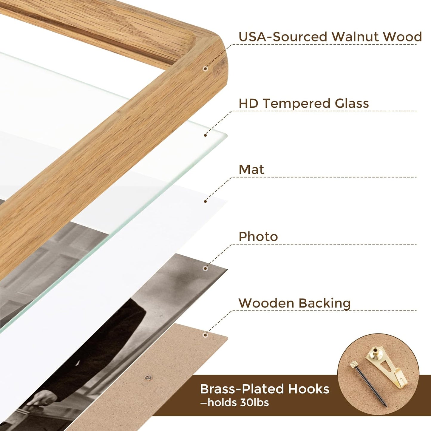 16x16 Picture Frame USA-Sourced Natural White Oak Wood Solid Original Wood Photo Frame Rounded Corner with Mat to 12x12 Picture Display with Real Glass Family, Wedding Picture, Photo, Certificate