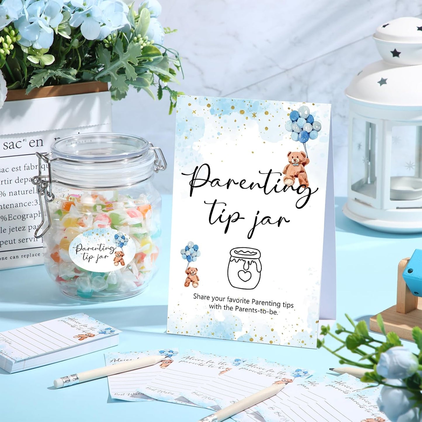 Roowest Baby Shower to Baby Advice Cards for New Parents to Be - Tip Jar Sign for New Parents 60 Parenting Advice Cards 10 HB Pencils 2 Cute Stickers 1 Pet Bottle for Guests Games(Blue Bear)