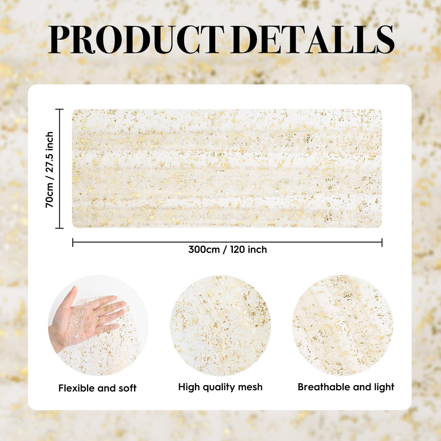 Artoid Mode Beige Gold Gauze Table Runner 120 Inch 10FT, Glitter Metallic Foil Sheer Dining Wedding