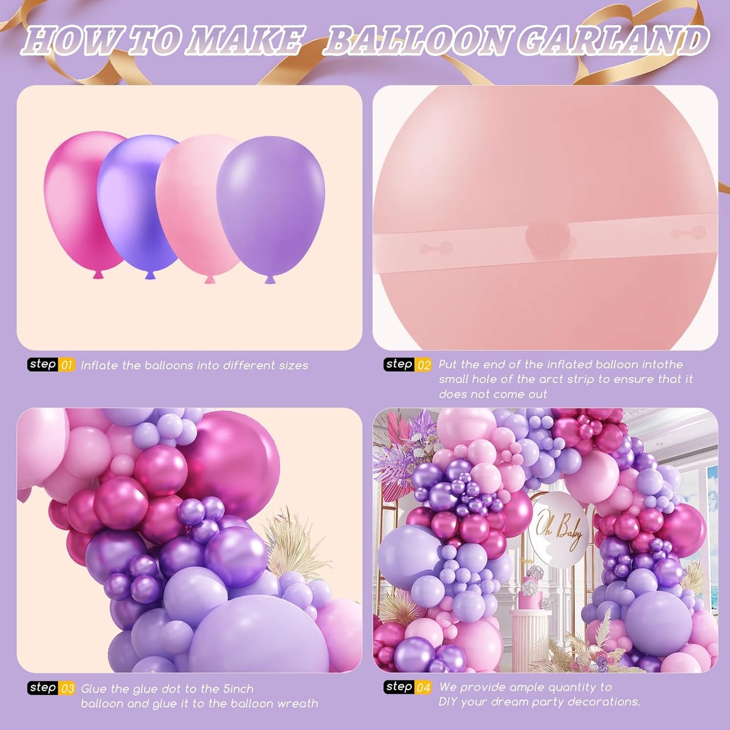 412pcs Pink and Purple Balloons, Different Sizes 18 12 10 5 Inch Pink and Purple Balloons Garland Arch Kit for Girls Women Birthday Baby Shower Wedding Party Decorations
