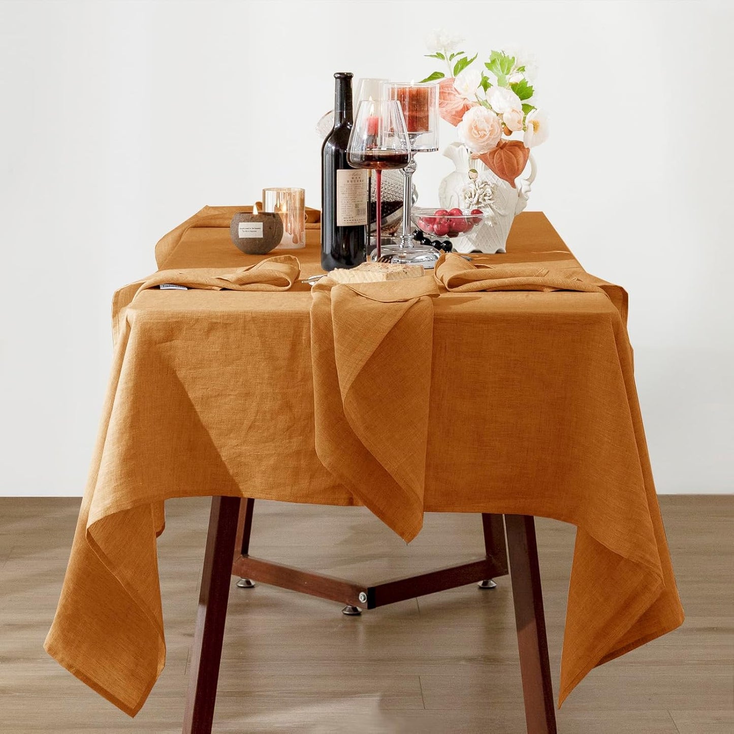 Talasily Linen Tablecloth 100% Pure Linen Table Cloth 60x108 Inches Rectangle Tablecloths Washable Cloths for Kitchen, Dining, Buffet Parties, Holidays, Picnic, Weddings and Restaurants-Caramel