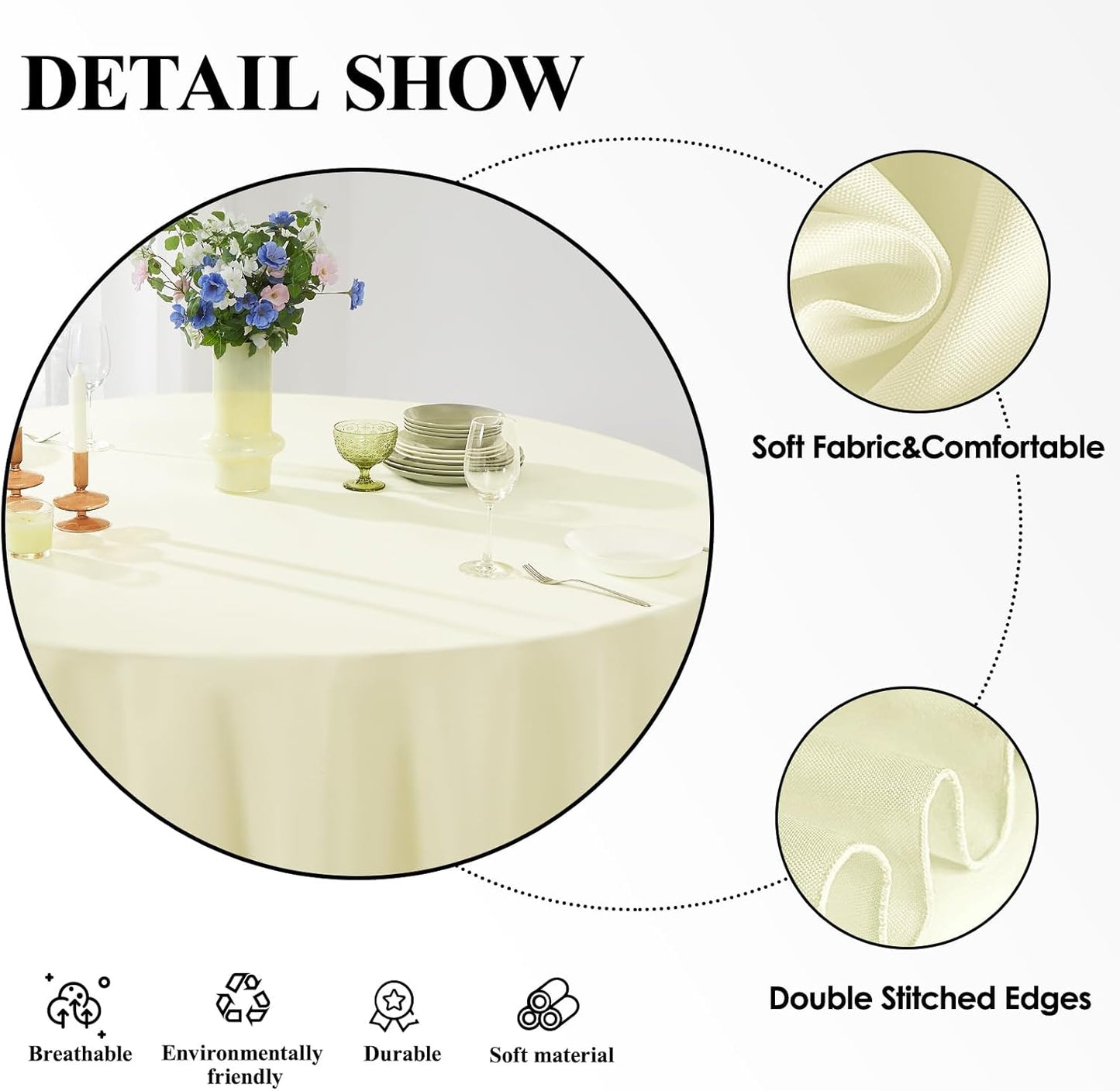 Round Tablecloth 120 Inch Tablecloth 6 Pack Ivory Table Cloths Washable Decorative Polyester TableClothes Cover for Dining Table Banquets Buffet Parties and Wedding