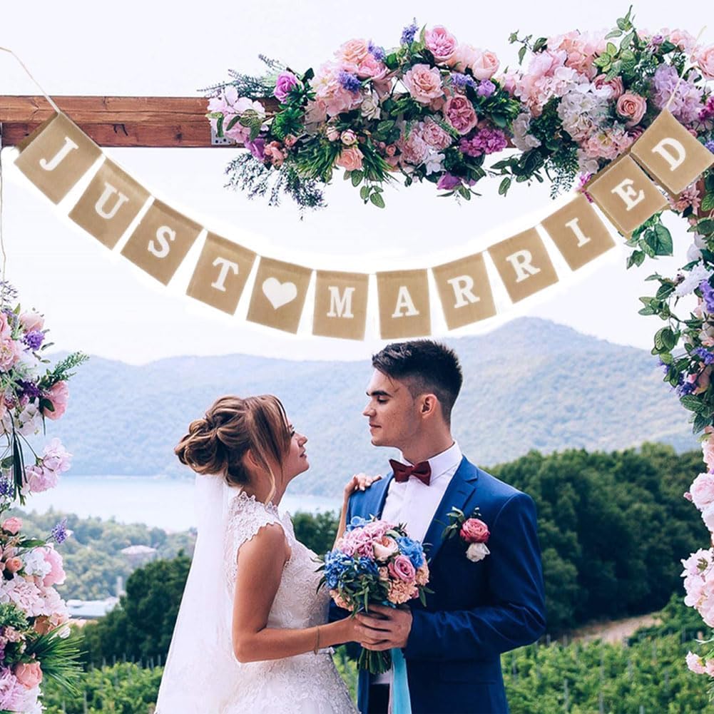 Jute Burlap Just Married Bunting Banner Vintage Hessian Flag for Wedding Party Decoration Favor