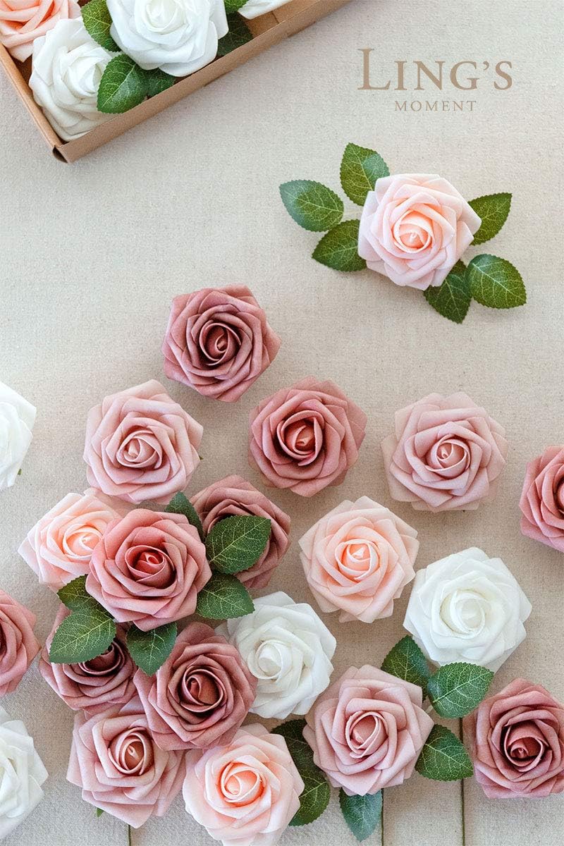 Ling's Moment Artificial Flowers, 25Pcs 3" Roses in Dusty Rose Shades, Realistic DIY Foam Floral Decor for Wedding Bouquets/Centerpieces, Outdoor Party Backdrops, Room/Table, and Garden/Pot Decoration