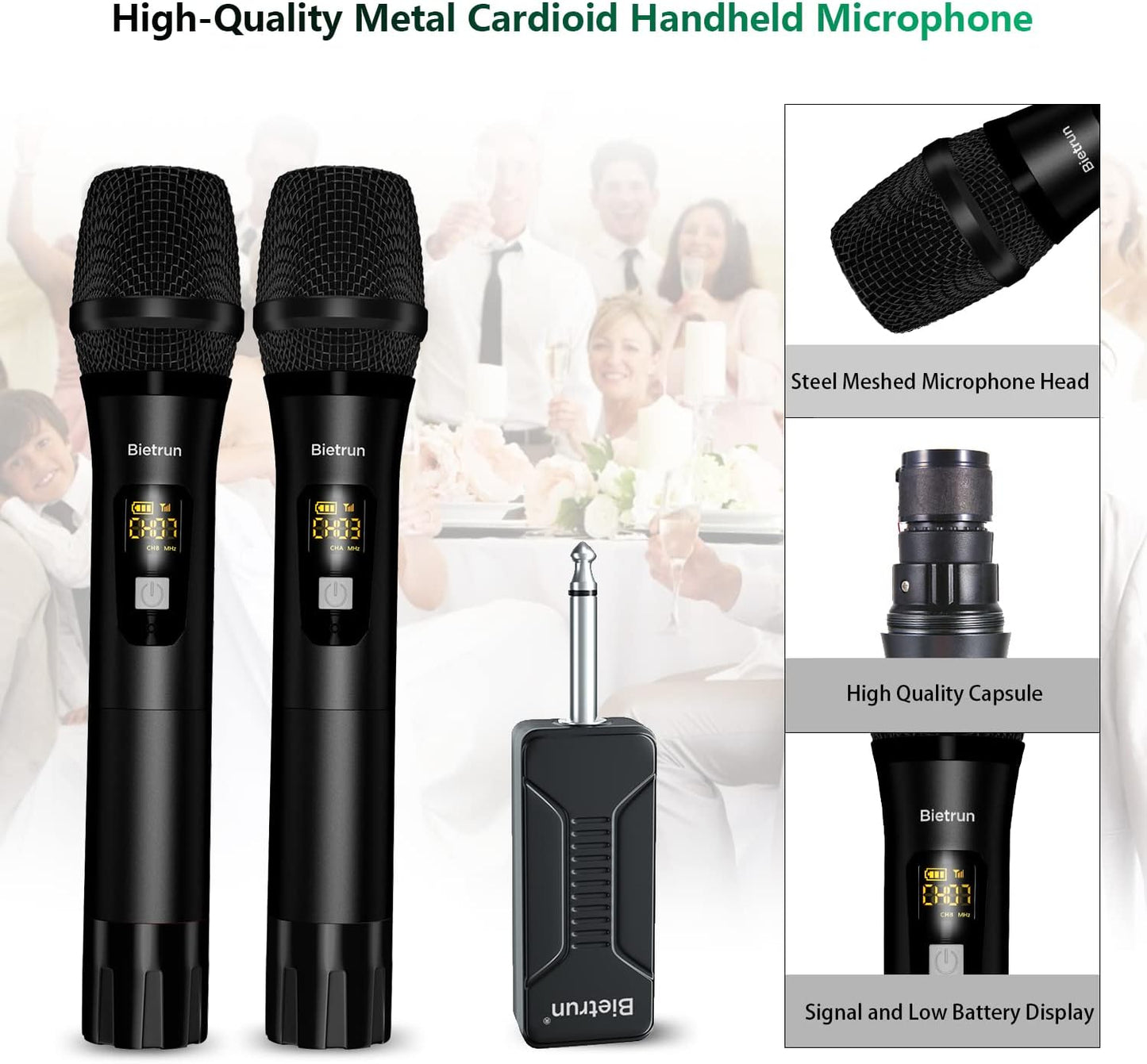 Wireless Microphone, Bietrun UHF Metal Dual Handheld Cordless Dynamic Mic System with Rechargeable Receiver, 1/4‘’Output, for Karaoke, Church, Speech, Wedding, Party Singing(160 ft Range)-Auto Connect